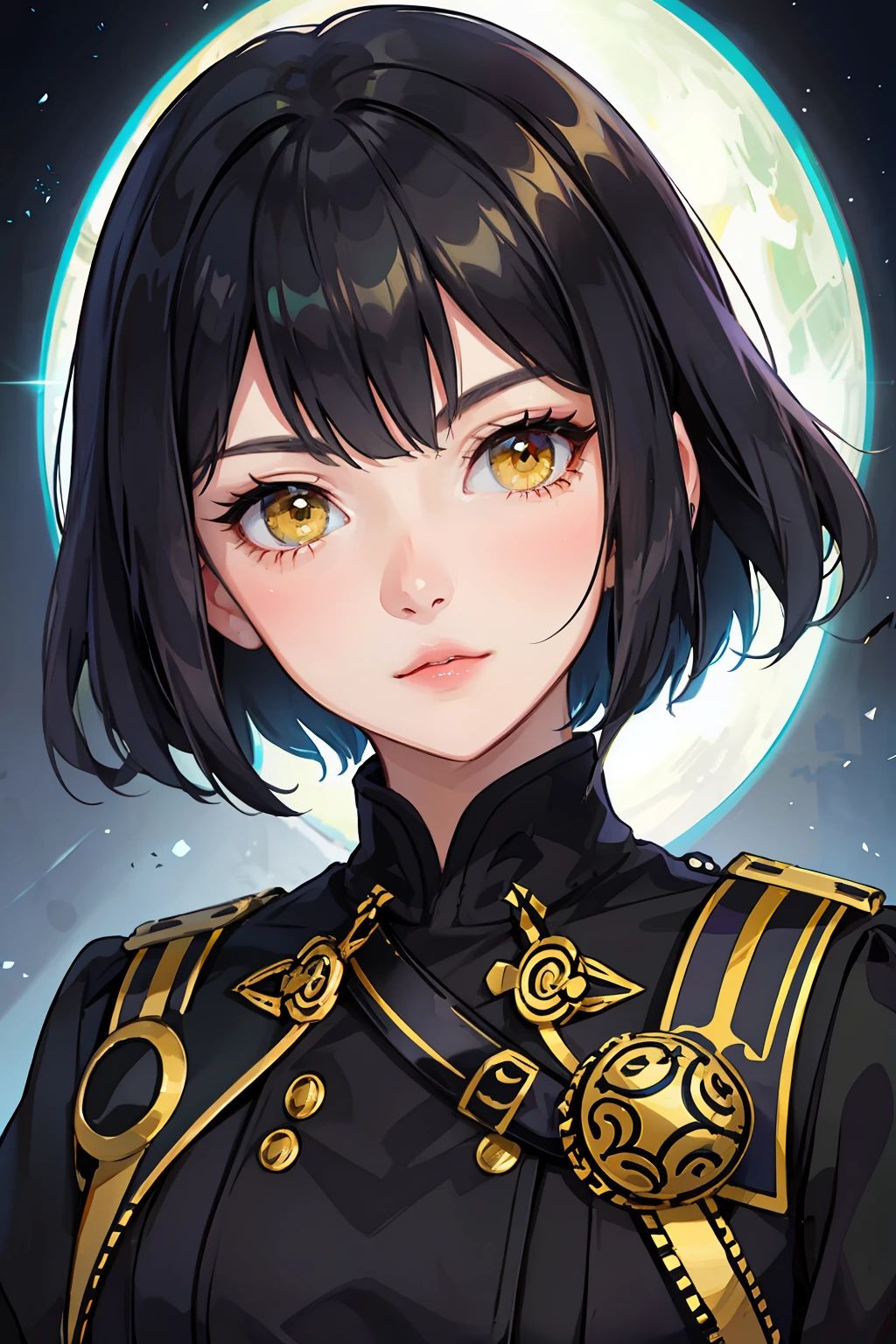 Portrait of a beautiful young woman, villain, yellow eyes, black short hair, square, black general's uniform, empire