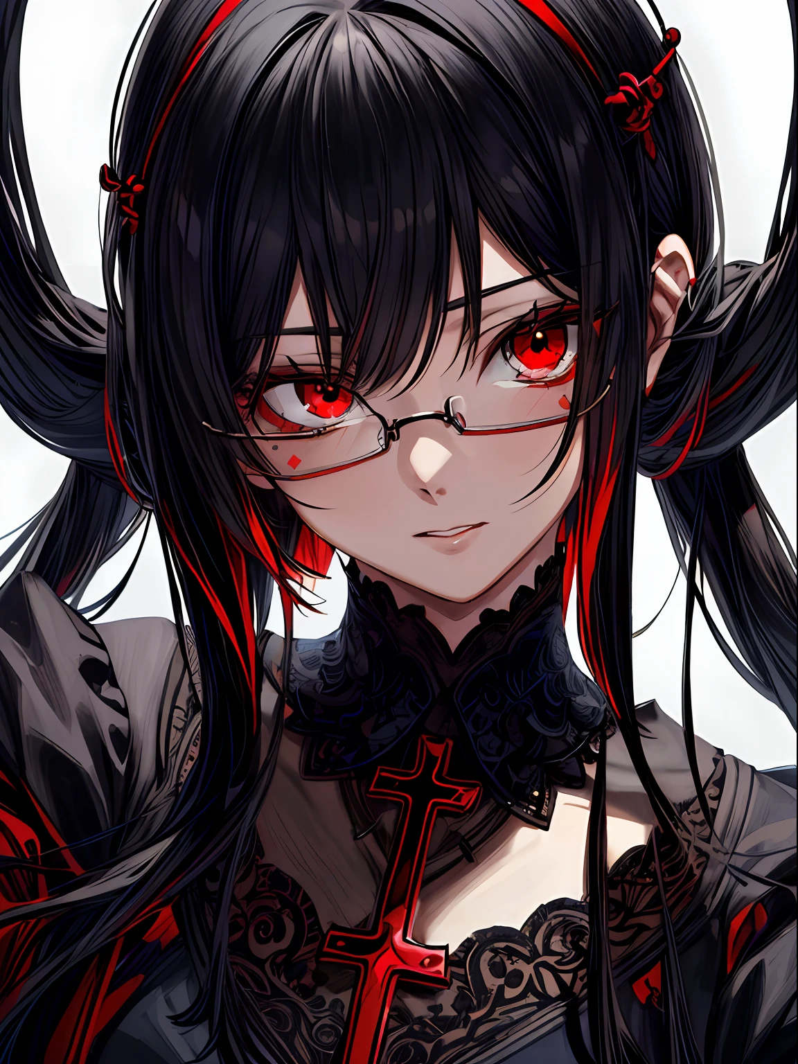 droolng、エロ、thighs thighs thighs thighs、Open 、Thigh Focus、Red and black nurse costume、Cross-eyed、Stranger、View other people、Blunt bangs、Sitting,hand between legs, Glasses, over-kneehighs,Ahegao , Silly,Sexual ecstasy,Drunken eyes,Blunt bangs, Black hair,(masutepiece:1.2, Best Quality), (finely detailed beautiful eye: 1.2), (Detailed background,Dark Fantasy), (beautifull detailed face), High contrast, (Best Illumination, extremely delicate and beautiful), ((Cinematic Light)), Colorful, Hyper Detail, Dramatic light, Intricate details,