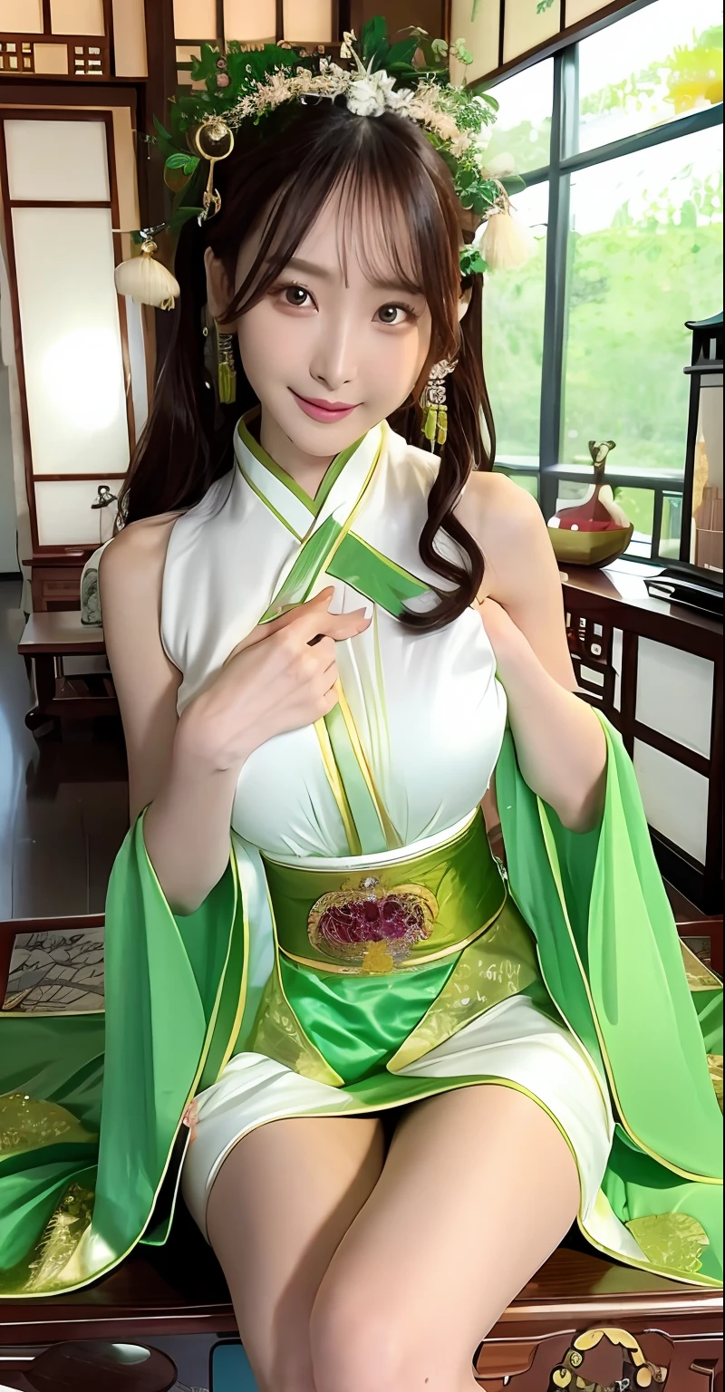 Sexy asian woman posing on wooden stool in green dress, Japanese goddess, gorgeous chinese models, Beautiful goddess, Anime goddess, a beautiful fantasy empress, seductive anime girls, Middle metaverse, full-body xianxia, trending on cgstation, Hanfu, cosplay, asian hyperdetailed, beautiful and seductive anime woman, White Hanfu, Oriental fantasy