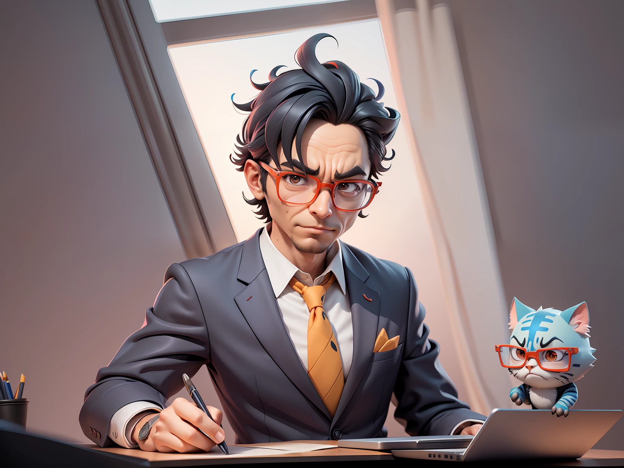 A young man in a suit, Short hair and glasses sat at his desk,holding laptop,digitial painting,tigre,3D character design by Mark Clairen and Pixar and Hayao Miyazaki and Akira Toriyama,4K HD illustration,Very detailed facial features and cartoon-style visuals。