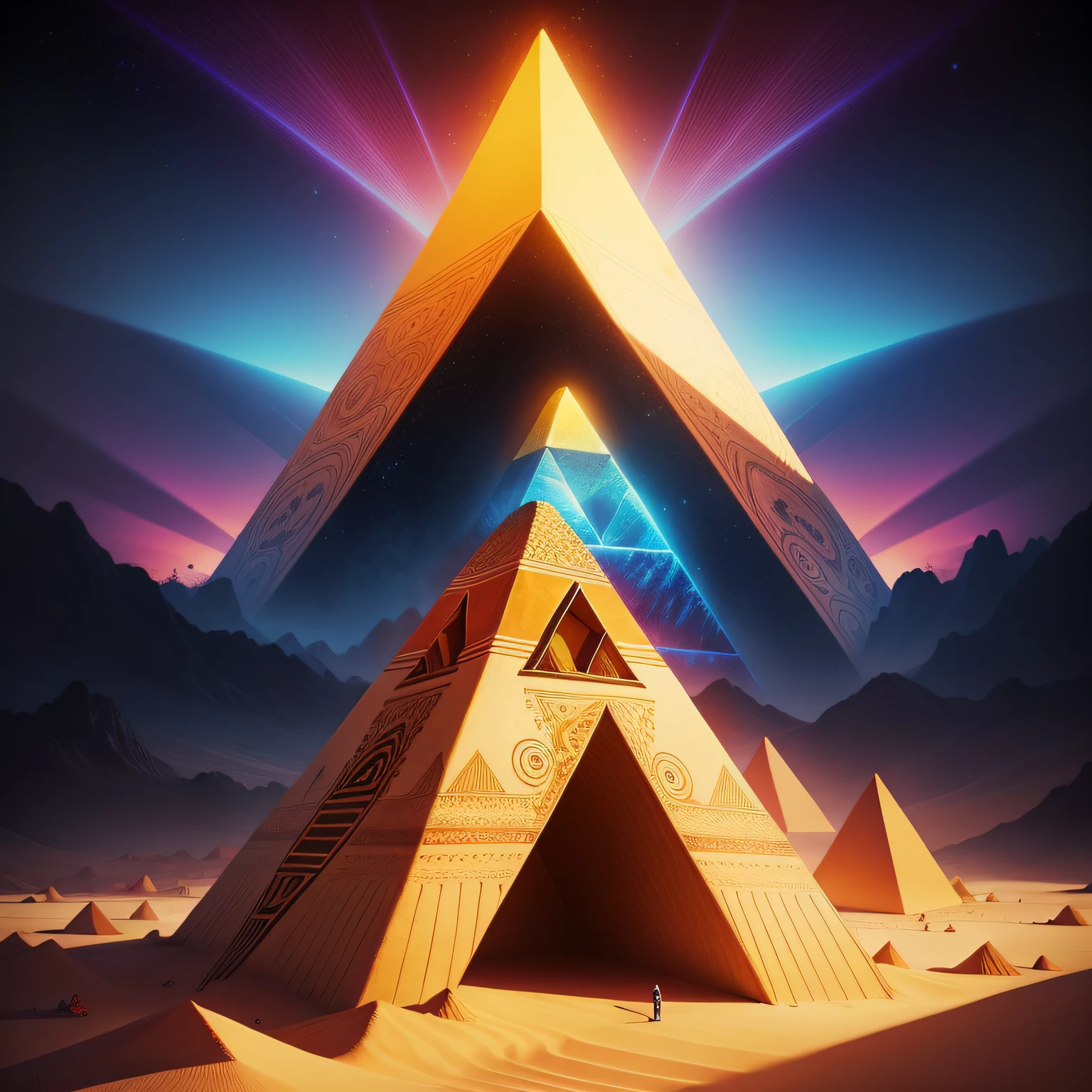 estilo cartoon, psychedelic image with pyramids and sand