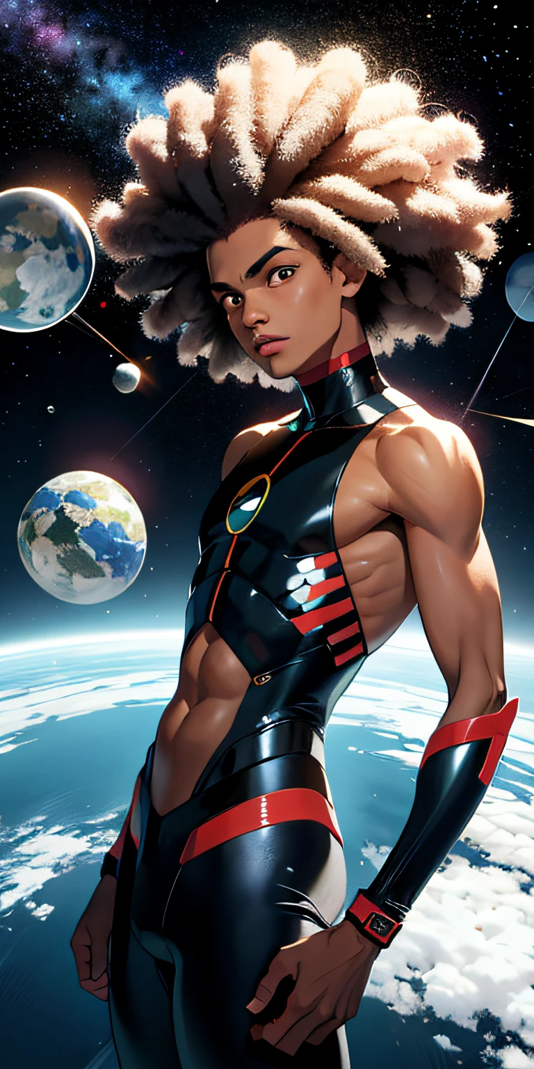 absurd resolution, alta resolução, ultra-detalhada, Jovem homem afro de cabelo cacheado, em traje espacial, visto de cima, outer space, flutuando, satellite, corrida pose, wide-angle lens distortion