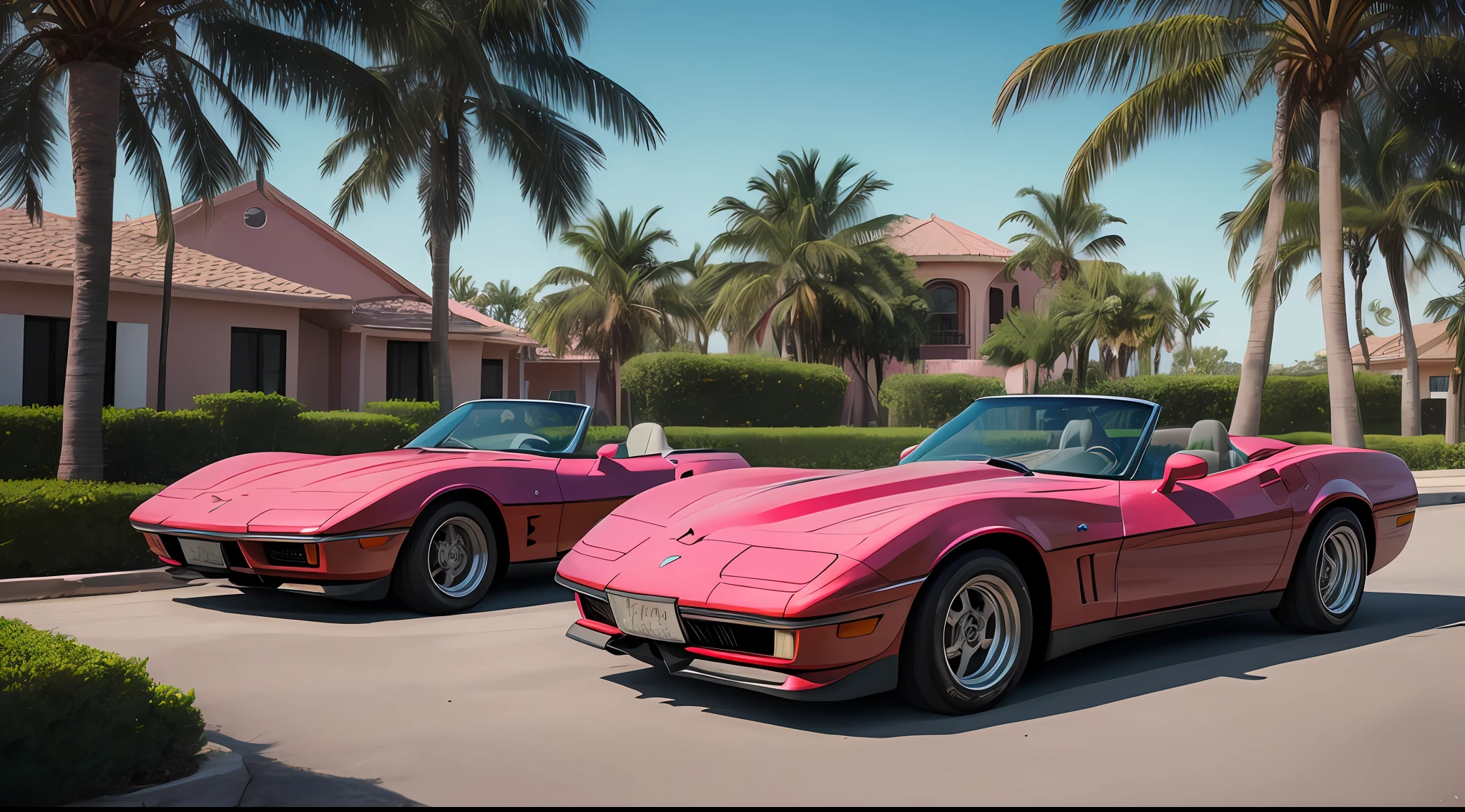 pink dream house, ultra hd, 8k, high definition, palm trees, 80's, corvette convertible, ultra realistic car, high fidelity photo, realistic photo, film portrait photography,realistic texture,