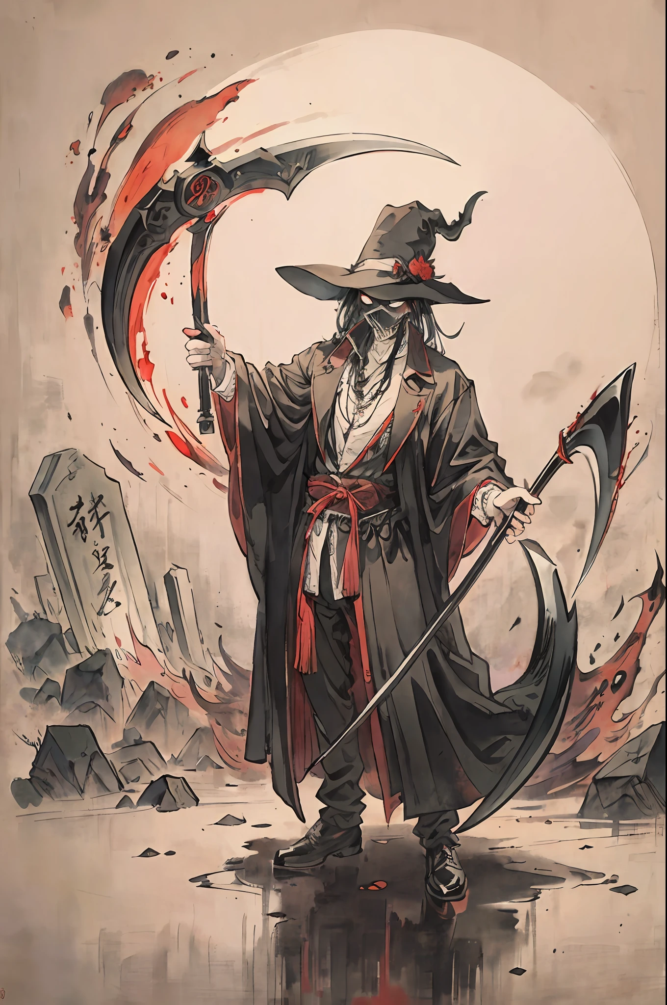 (Masterpiece, best quality: 1.2), traditional Chinese ink painting, Izuku Midoriya as the grim reaper wearing plague doctor's clothes, holding a menacing scythe, standing in a cementary bathed in the crimson moonlight, pipa