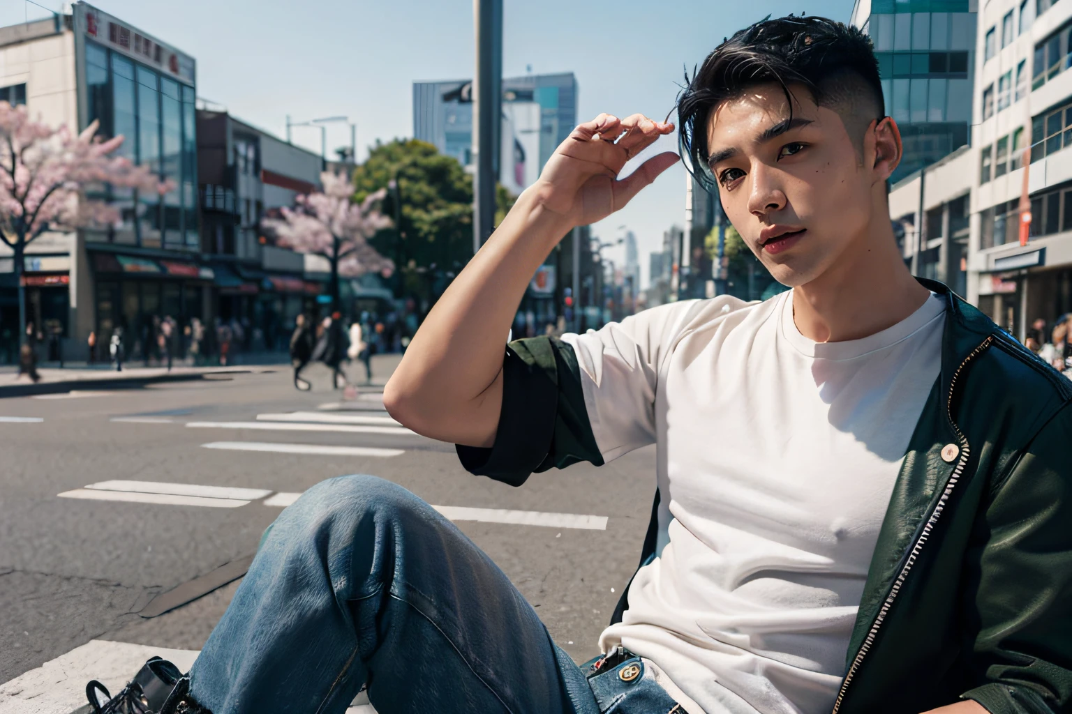Masterpiece, 4k, Award Winning Photo, Extremely Detailed, Amazing, Fine Detail, Absurd, Highly Detailed Man, ToughBoy, Japanese Man, Extremely Detailed Eyes and Face, Male, by Lee Jeffries Nikon D850 Stock Photography 4 Kodak Portra 400 F1 Camera. 6 lenses rich hyper-realistic colors realistic texture, piercing dark black eyes, seeming to reveal deep mysteries. (He wears a white t-shirt and a military green aviator jacket), (with his blue jeans contrasting with his pale skin). ((His hair is dark black Military Undercut)), his gaze is cheerful and his smile is bright. (His army boots are untied in a punk style), which connects him with the urban and busy environment that surrounds him in the city of Tokyo. The setting is sunny on a summer day with sakura petals and cheerful people, with gleaming modern buildings evoking a party-wellness atmosphere.