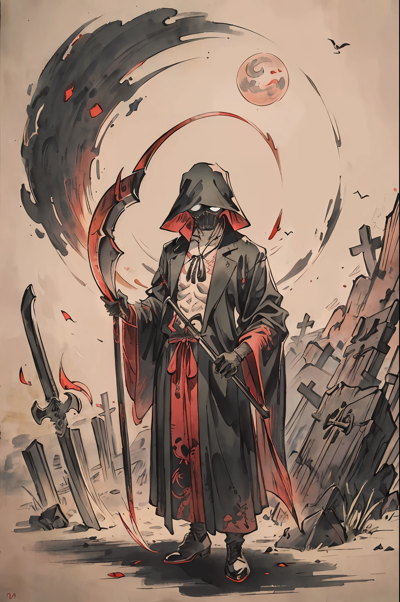 (Masterpiece, best quality: 1.2), traditional Chinese ink painting, Izuku Midoriya as the grim reaper wearing plague doctor's clothes, holding a menacing scythe, standing in a cementary bathed in the crimson moonlight, pipa