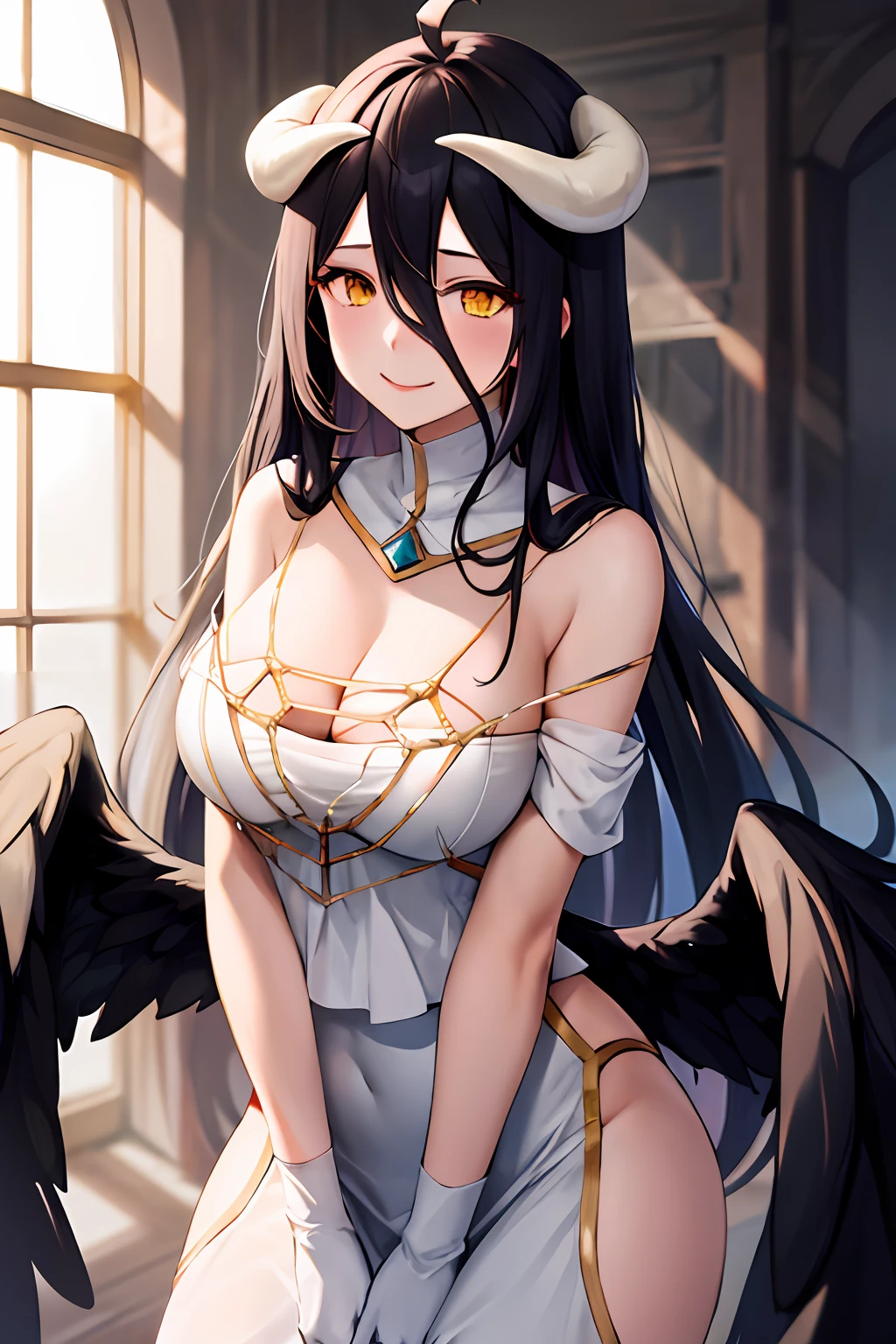 masterpiece, best quality, highres, al1, demon horns, slit pupils, white gloves, white dress, bare shoulders, detached collar, cleavage, black wings, feathered wings, low wings, cowboy shot, standing, smile, dungeon, evil smile,