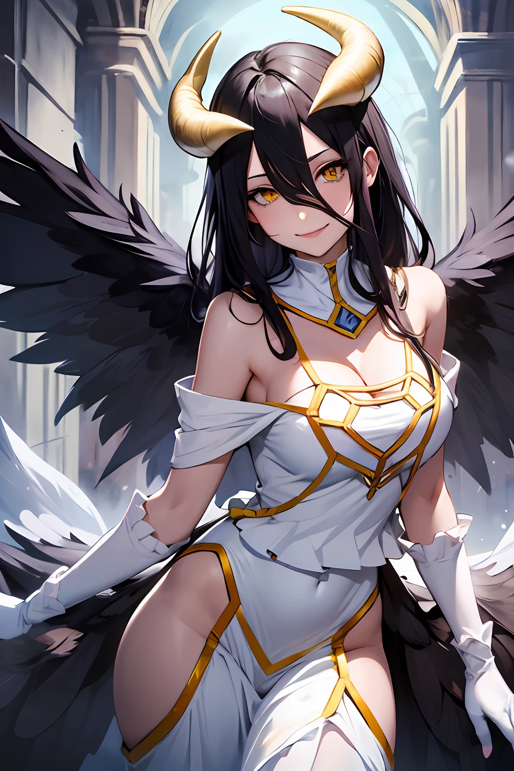 masterpiece, best quality, highres, al1, demon horns, slit pupils, white gloves, white dress, bare shoulders, detached collar, cleavage, black wings, feathered wings, low wings, cowboy shot, standing, smile, dungeon, evil smile,