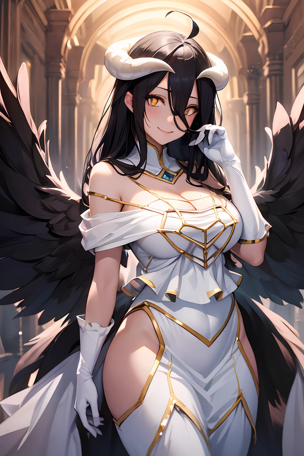 masterpiece, best quality, highres, al1, demon horns, slit pupils, white gloves, white dress, bare shoulders, detached collar, cleavage, black wings, feathered wings, low wings, cowboy shot, standing, smile, dungeon, evil smile,
