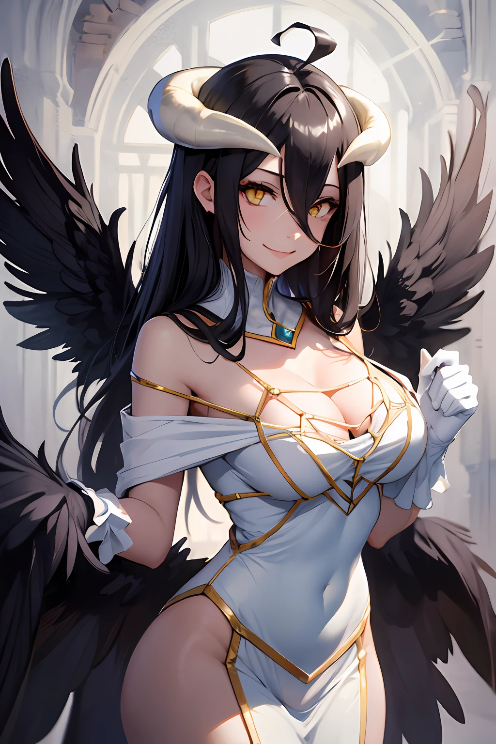 masterpiece, best quality, highres, al1, demon horns, slit pupils, white gloves, white dress, bare shoulders, detached collar, cleavage, black wings, feathered wings, low wings, cowboy shot, standing, smile, dungeon, evil smile,