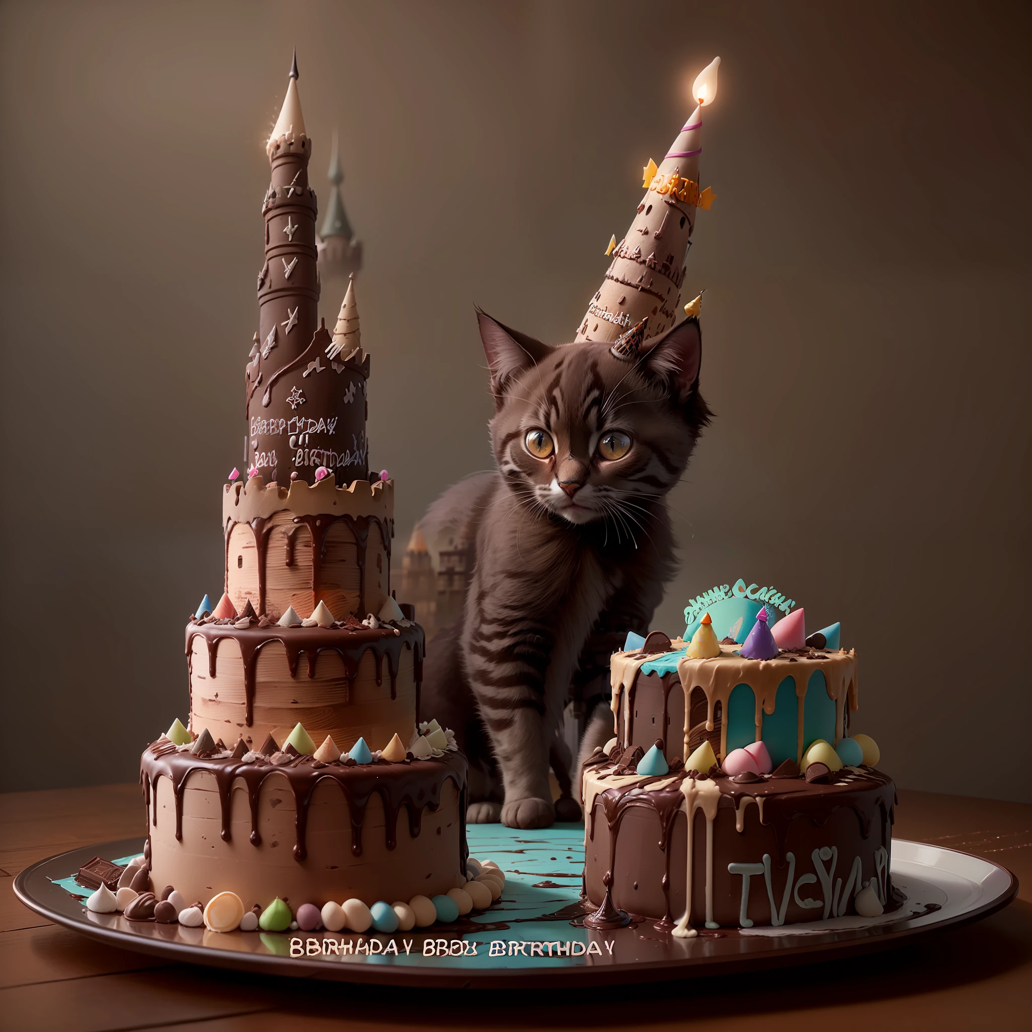 masterpiece, high quality, best quality, (a cute kitten) next to a (big birthday cake chocolate (dark castle) on the top:1.5), foodphoto, realistic food. unsplash, stock-photo, professional photographer, captured with professional DSLR camera, trending on Artstation, 64k, ultra detailed, ultra accurate detailed, bokeh lighting, surrealism, ultra unreal engine, intricate, epic