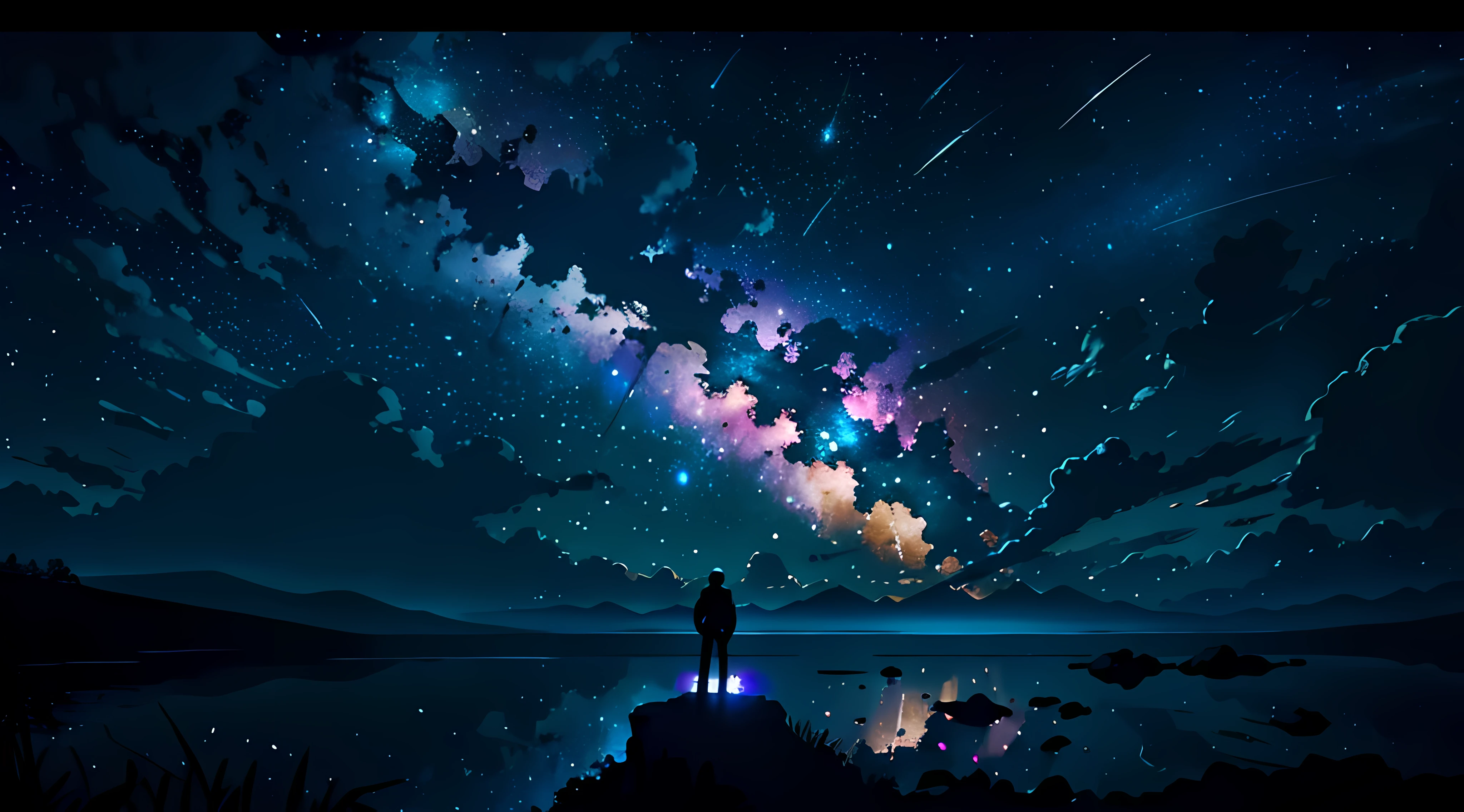 Expansive landscape photograph, (view from below with a view of the sky and earths horizon below), 1man (solo) floating in the air looking up, (full moon: 1.2), (shooting star: 0.9), (nebula: 1.3), distant stars, break production art, (warm light source: 1.2), (firefly: 1.2), lamp, purple and orange, intricate detail, volume lighting BREAK (masterpiece: 1.2), (highest quality ), 4k, ultra-detailed, (dynamic configuration: 1.4), highly detailed and colorful details (iridescent: 1.2), (sparkling lighting, atmospheric lighting), dreamy, magical, (solo: 1.2)