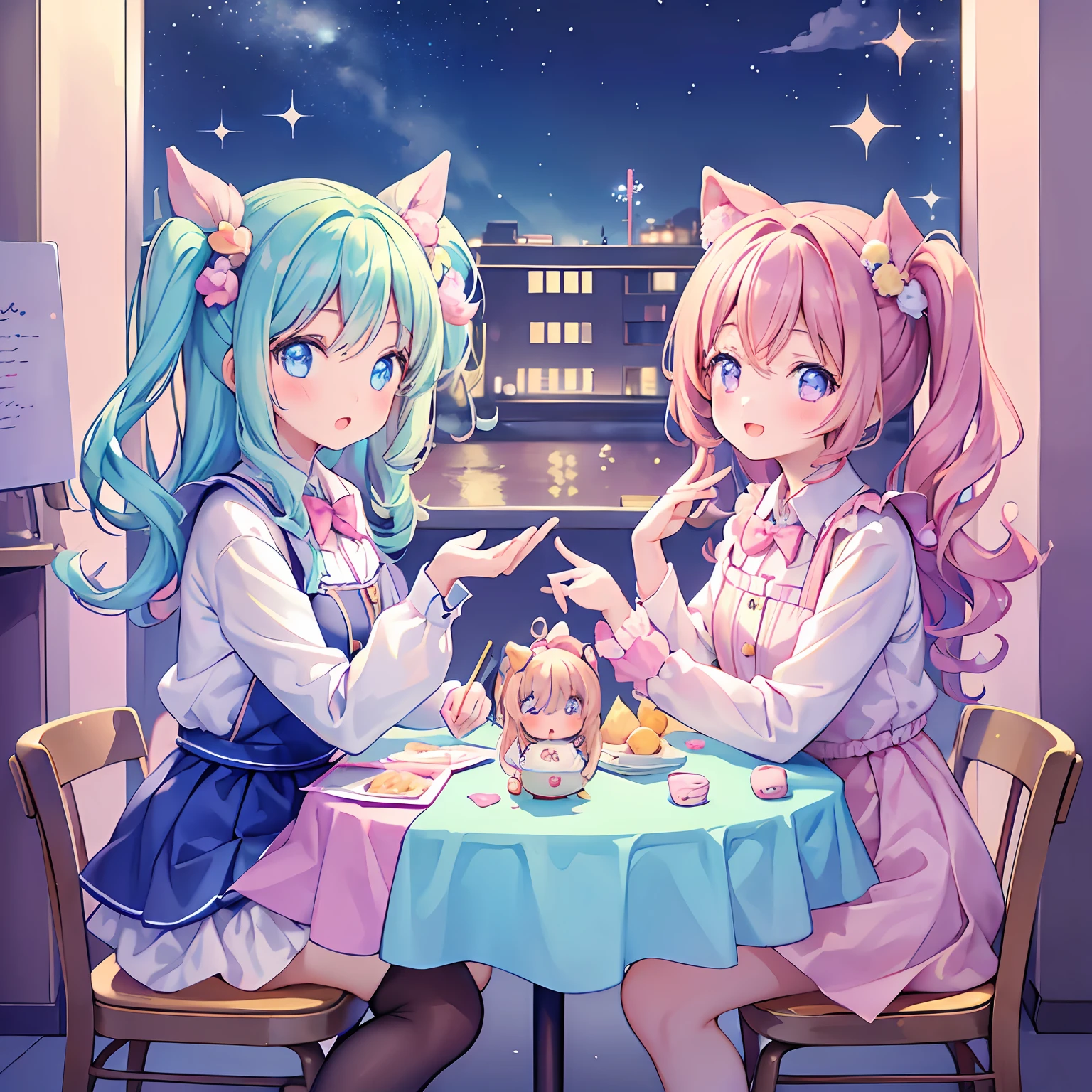 masterpiece, (2girls and 2girls and 2girls and 2girls at the table), idol, big eyes, kawaiitech, kawaii, cute, pastel colors, best quality, happy, deep background, symmetrical, tilted head, summer, night