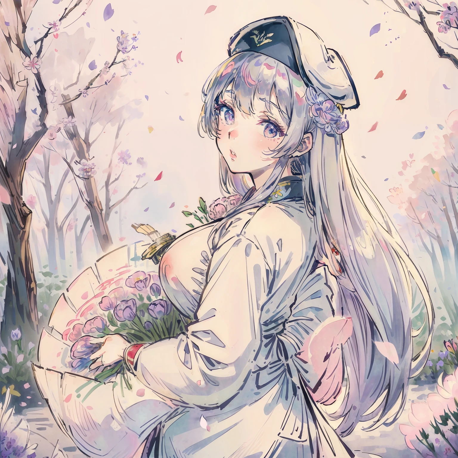 ((worst quality, low quality)), girl, solo, long silver hair, hair over one eye, large breasts, slender, plump glossy lips, beautiful clear eyes, embarrassed, confetti, (((holding a big bunch of beautiful colorful flowers of one))), military cap, navy military uniform, looking back beauty, garden with light, masterpiece