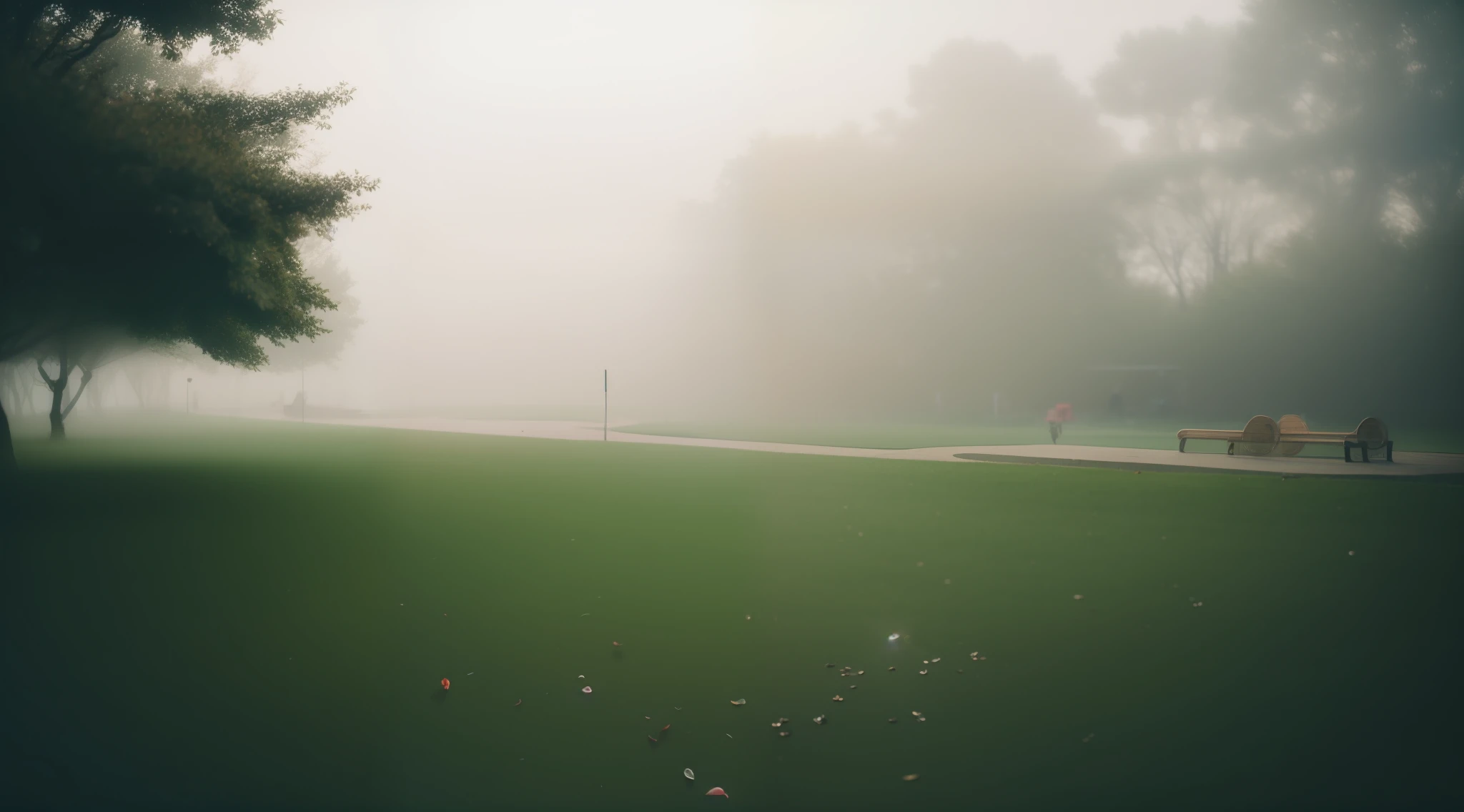 Morning fog, a park, sony a7, Film grain, Cinematic lighting, Photorealistic, 32K, Soft lighting