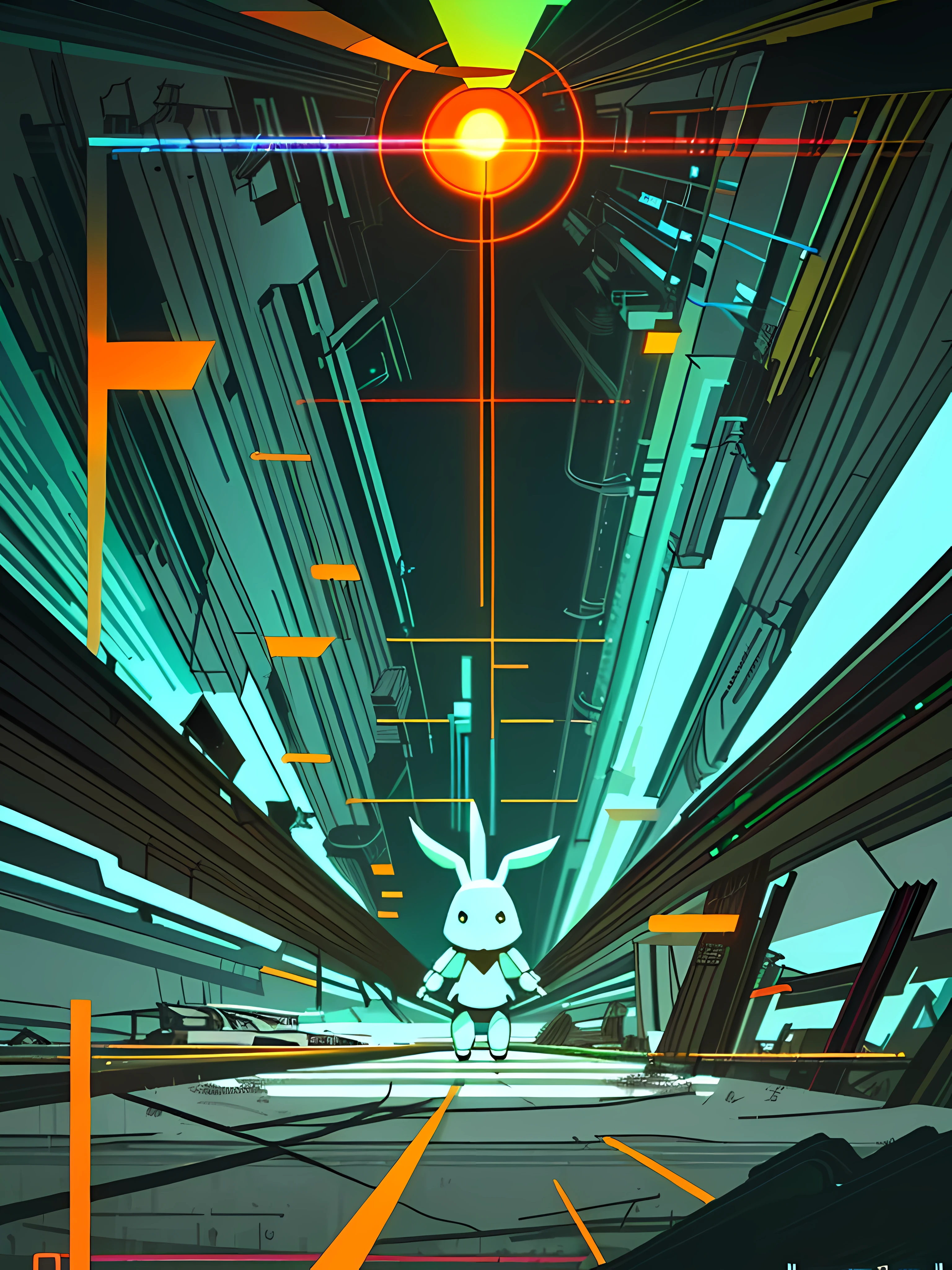 (blame! style abandoned tech landscape), (Zen, Amy Sol style), (like a tunnel that you follow to a tunnel of its own down a hollow in a cavern where the sun has never shone), ((underground, dark, foggy, perilous, abandoned dystopian apartment bedroom, deep windows)), ((abstract athletic symmetrical anthro rabbit figure wearing bunny ears)), cover art with light abstraction, abstract, simple vector art, contemporary Cybernetic art, color gradients, soft color palettes, layered forms, whimsical animation, style Ethereal abstract, 4K, --v6