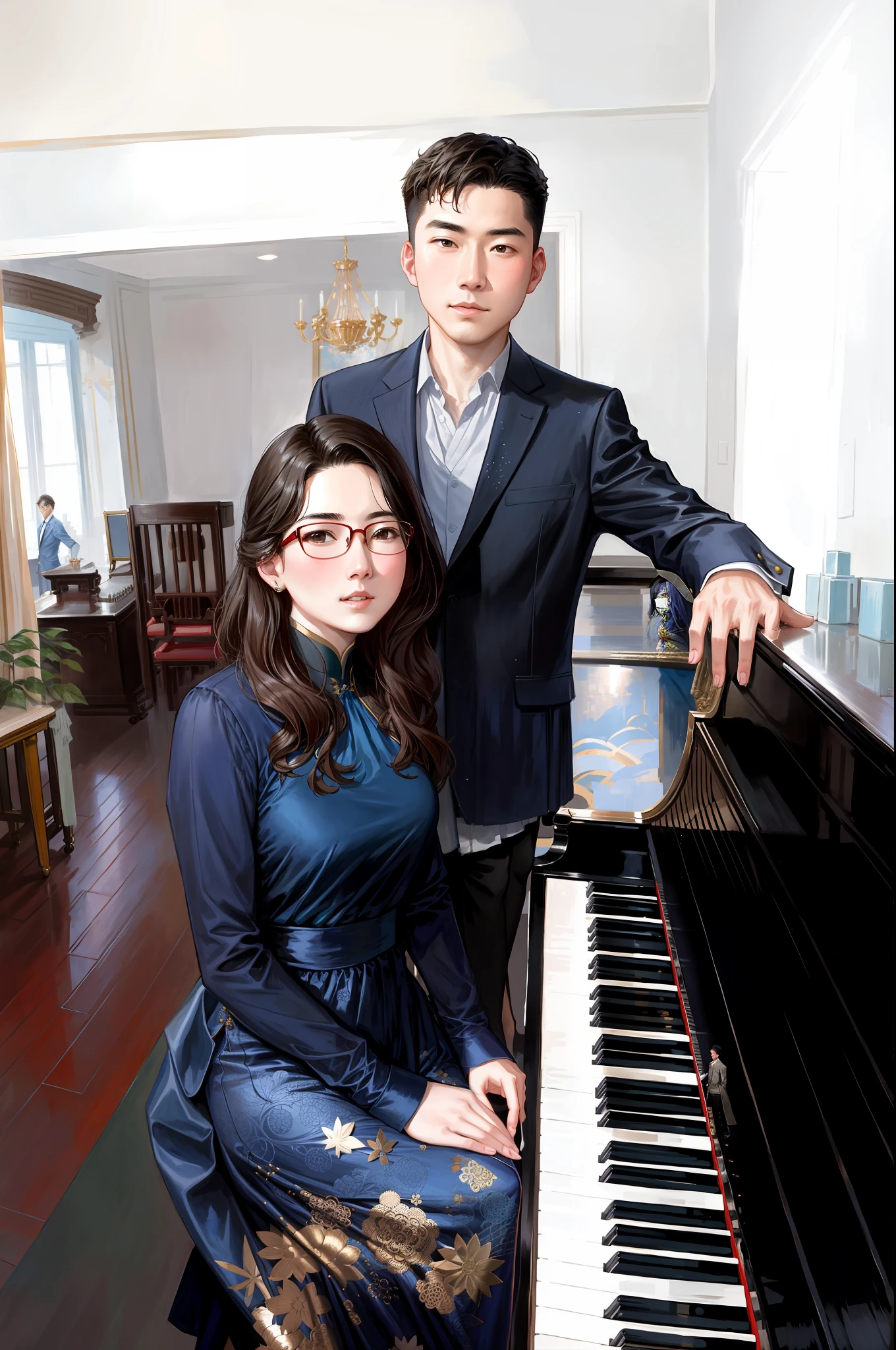 a pretty couple are posing for a picture in front of a piano, the girl is wearing a navy long sleeved dress and wearing glasses, the girl is tall and slim with long wavy brown hair, the boy is wearing a dark navy blazer and blue shirt underneath, ruan jia and fenghua zhong, ayami kojima and greg rutkowski, ruan jia and greg rutkowski, portrait of two people, standing on top of a piano, james jean and fenghua zhong, award-winning composition, piano in the background