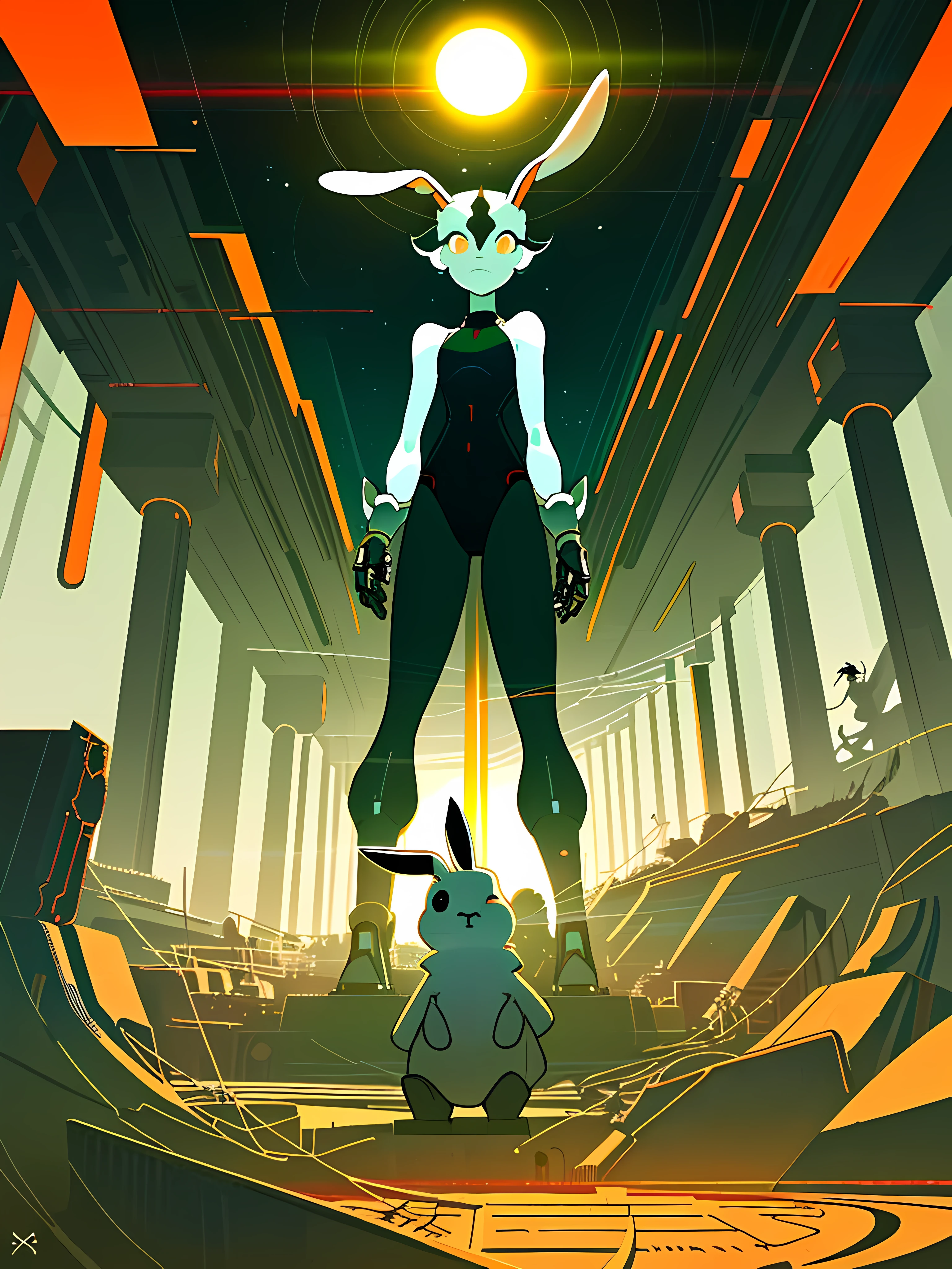 (blame! style abandoned tech landscape), (Zen, Amy Sol style), (like a tunnel that you follow to a tunnel of its own down a hollow in a cavern where the sun has never shone), ((underground, dark, foggy, perilous, abandoned dystopian apartment bedroom, deep windows)), ((abstract athletic symmetrical anthro rabbit figure wearing bunny ears)), cover art with light abstraction, abstract, simple vector art, contemporary Cybernetic art, color gradients, soft color palettes, layered forms, whimsical animation, style Ethereal abstract, 4K, --v6