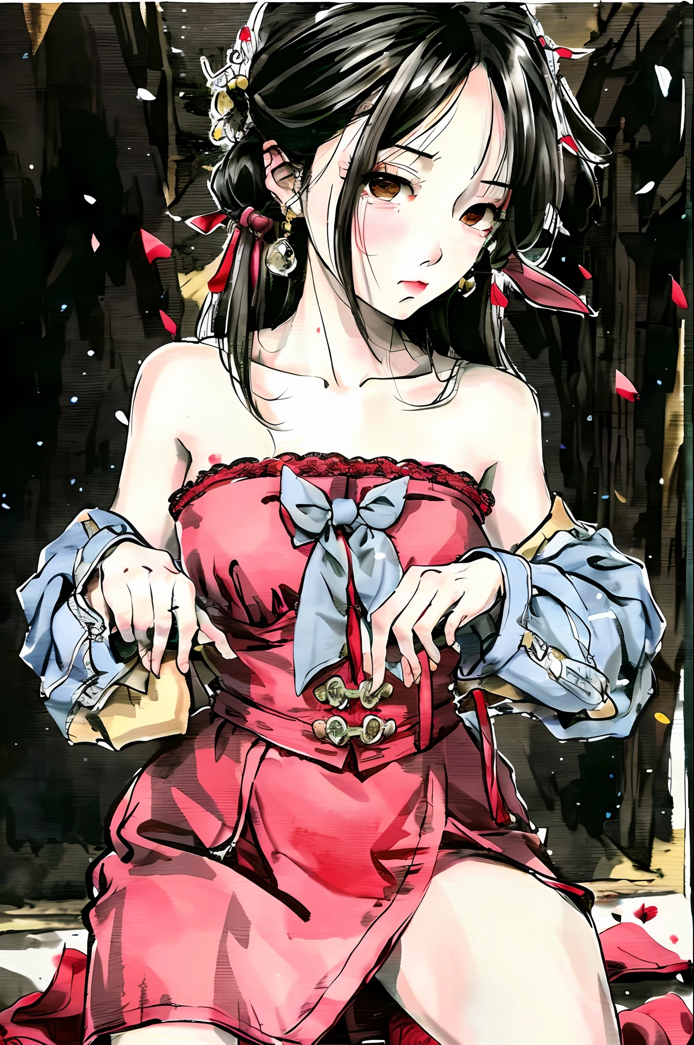 Bleeding girl kneeling on the ground in a skirt, by amano, inspired by amano, author:by Yumihiko Amano, highly detailed exquisite fanart, high quality colorful sketch, author:shirow masamune, pixiv contest winner, style of yoshitaka amano, style of masamune shirow, loli in dress