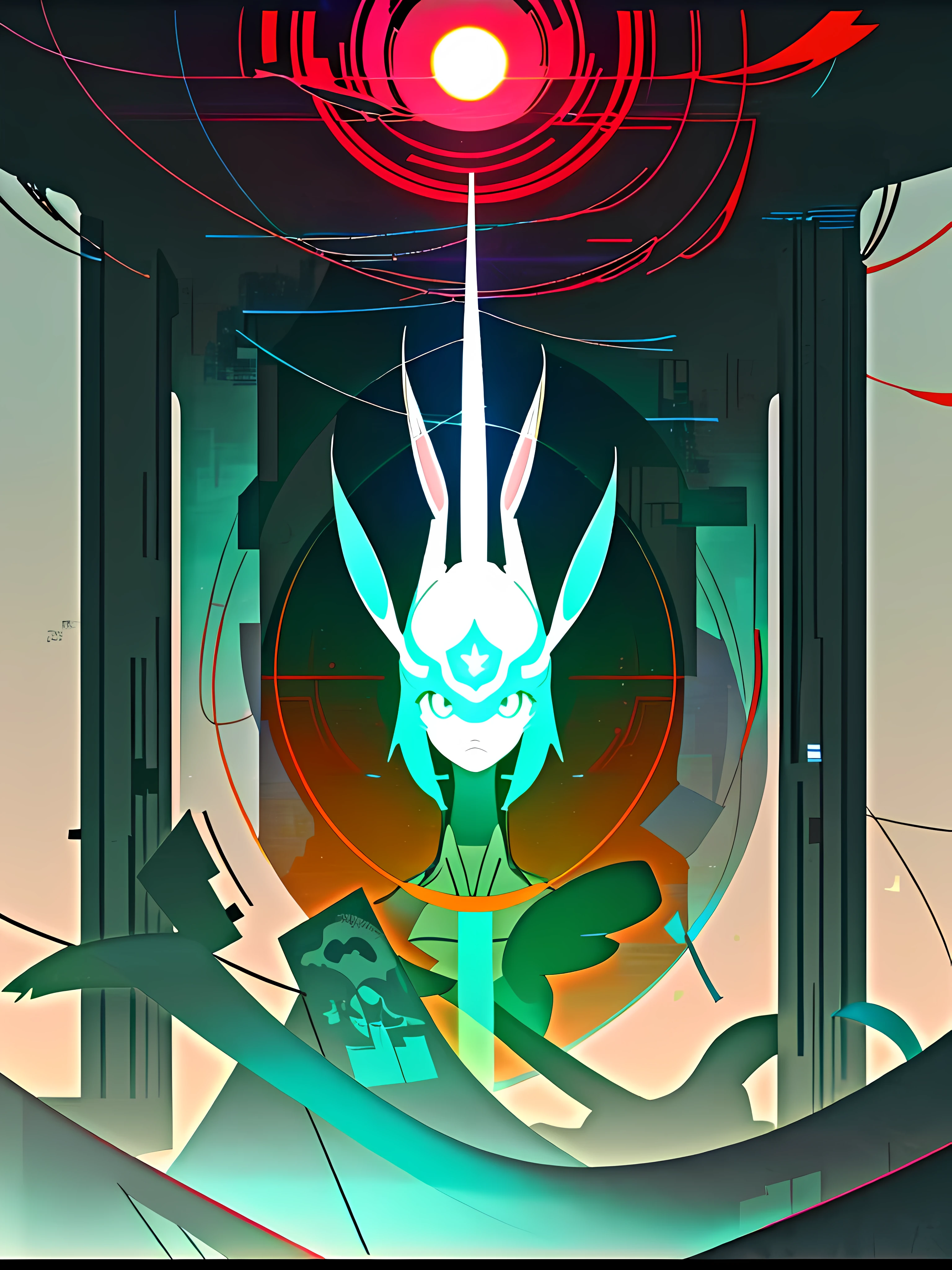 (blame! style abandoned tech landscape), (Zen, Amy Sol style), (like a tunnel that you follow to a tunnel of its own down a hollow in a cavern where the sun has never shone), ((underground, dark, foggy, perilous, abandoned dystopian apartment bedroom, deep windows)), ((abstract athletic symmetrical anthro rabbit figure wearing bunny ears)), cover art with light abstraction, abstract, simple vector art, contemporary Cybernetic art, color gradients, soft color palettes, layered forms, whimsical animation, style Ethereal abstract, 4K, --v6