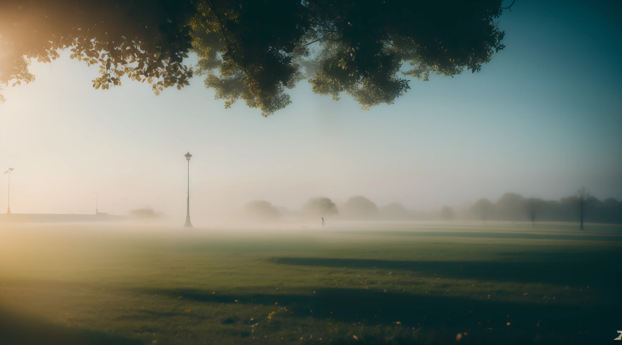 Morning fog, a park, sony a7, Film grain, Cinematic lighting, Photorealistic, 32K, Soft lighting