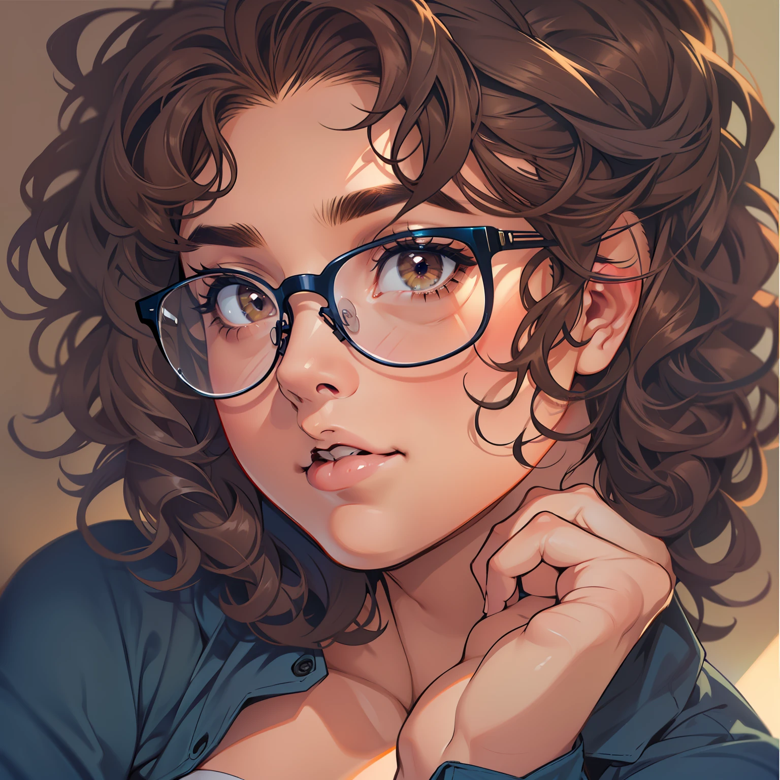 Beautiful woman, soft features, brown honey eyes, doe eyes, soft look, big breasts, fair skin, curvy, navy blue thigh highs, thick thighs, thick frame glasses, curly brown hair, innocent look, blue pajama pants, short hair, short pants, bushy brows