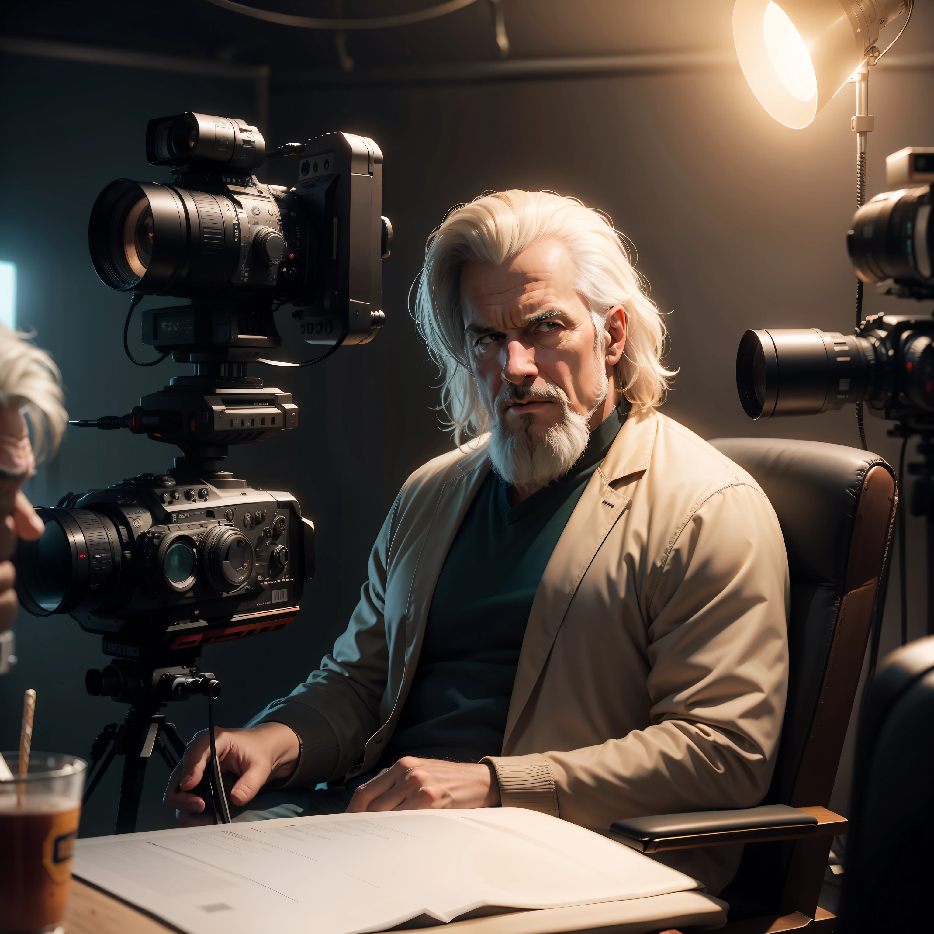 man 25 years, sitting on director's chair, Change background to film set where crew members are working, cinematic, volumetric lighting, 8k, caricature, hyper realistic