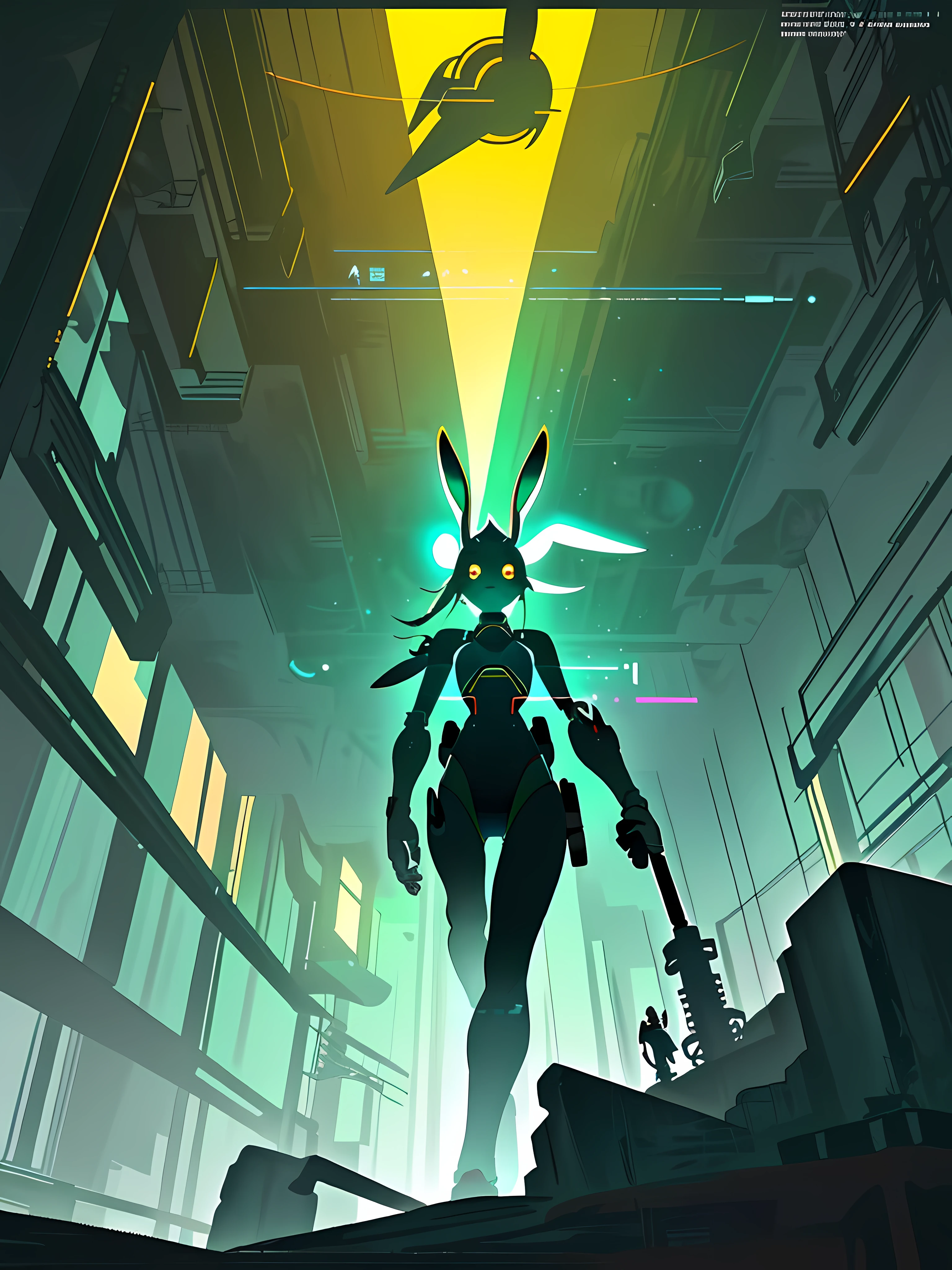 (blame! style abandoned tech landscape), (Zen, Amy Sol style), (like a tunnel that you follow to a tunnel of its own down a hollow in a cavern where the sun has never shone), ((underground, dark, foggy, perilous, abandoned dystopian apartment bedroom, deep windows)), ((abstract athletic symmetrical anthro rabbit figure wearing bunny ears)), cover art with light abstraction, abstract, simple vector art, contemporary Cybernetic art, color gradients, soft color palettes, layered forms, whimsical animation, style Ethereal abstract, 4K, --v6