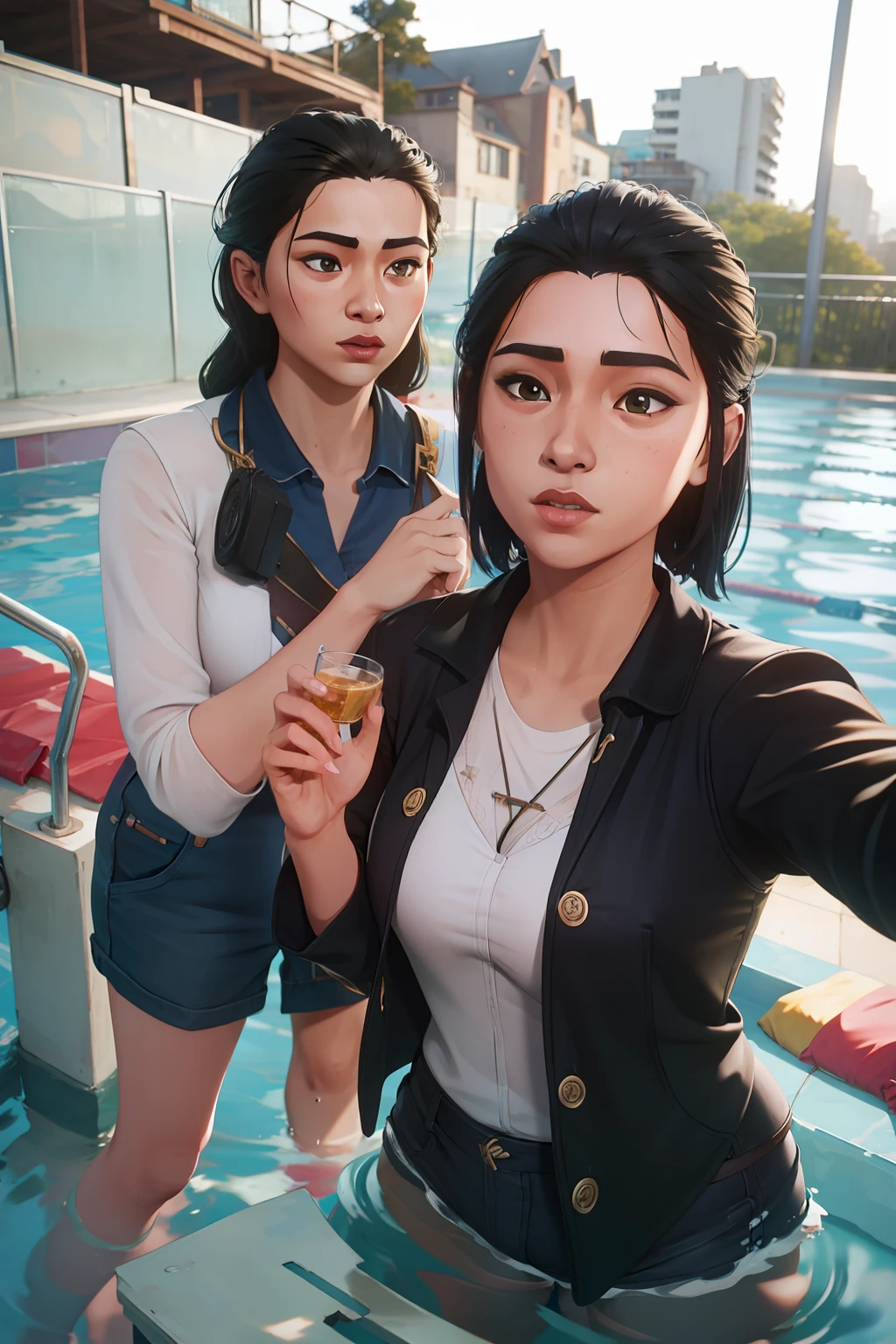 2 girls in the pool selfie , black hair, realistic , detail 70mm lens,