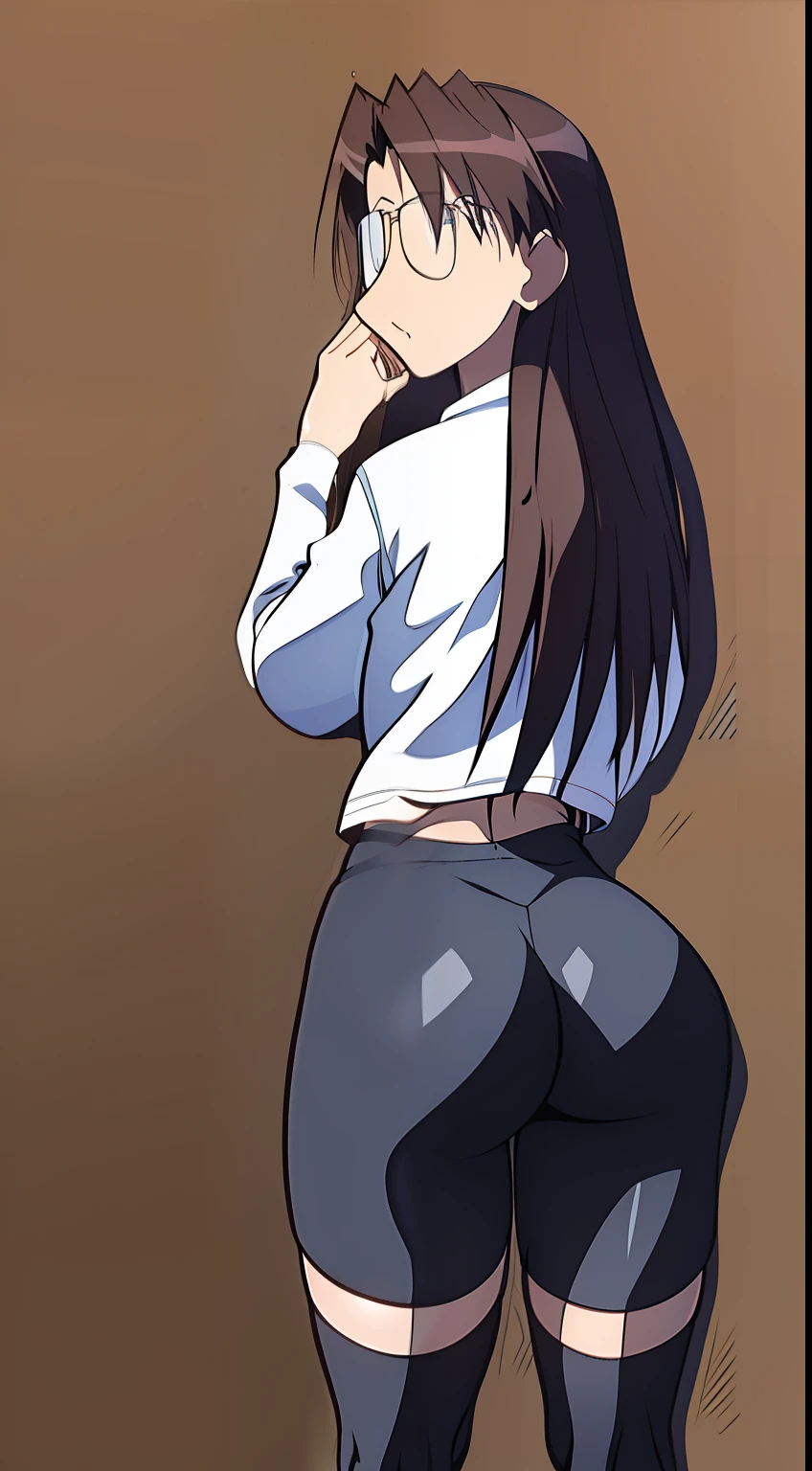 Koyomi Mizuhara, brown hair, long hair, glasses, nose, white long-sleeved shirt, striped tight biker shorts, black high socks, shoes, bid breasts, wallpaper, luscious lips, curvy waistline, view from back, standing, 90’s photo shoot, looking back, glancing, tease, firm ass, athletic, abs, gravure, back of view, skin tight, vintage, 1997, tight outfit, ass cheeks