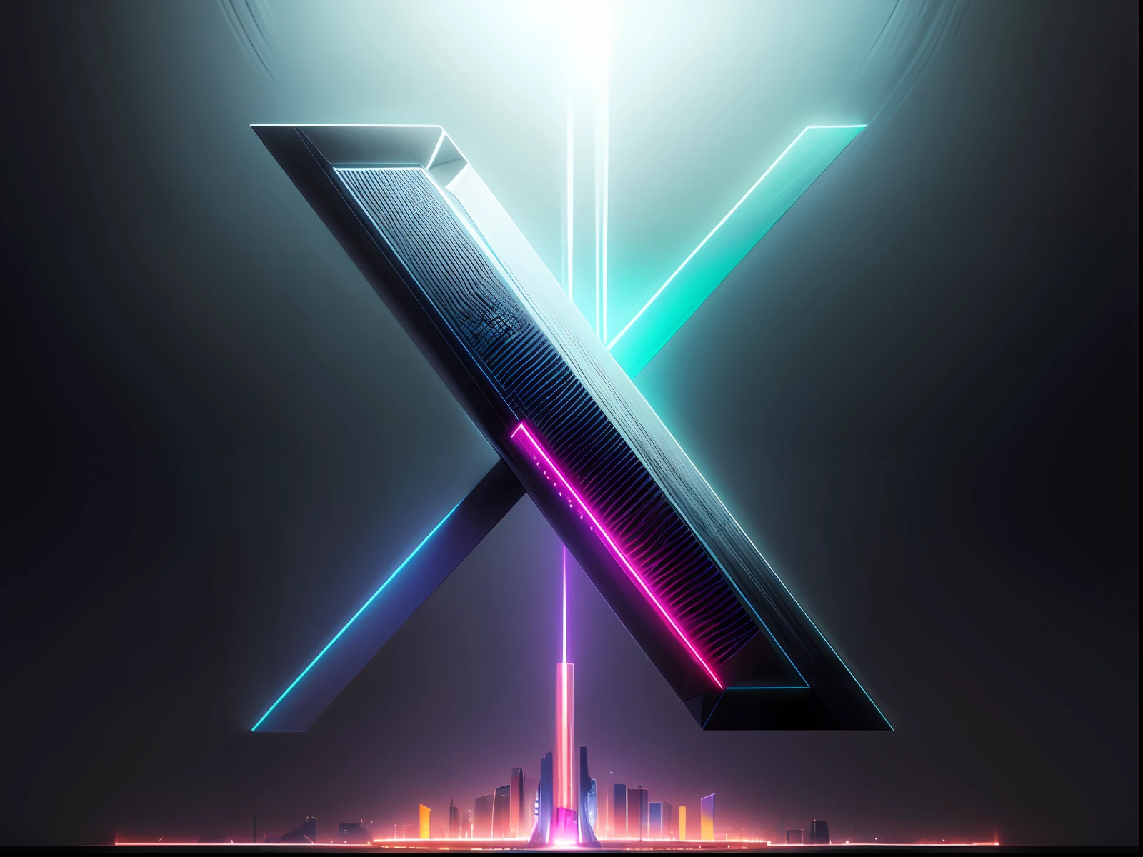 A futuristic metropolis adorned with holographic art and avant-garde architecture, at its center stands a cutting-edge, futuristic statue of an X, gleaming with neon lights and interactive displays, representing the city's innovative spirit and technological prowess, Artwork, mixed media combining digital design and neon light installations,