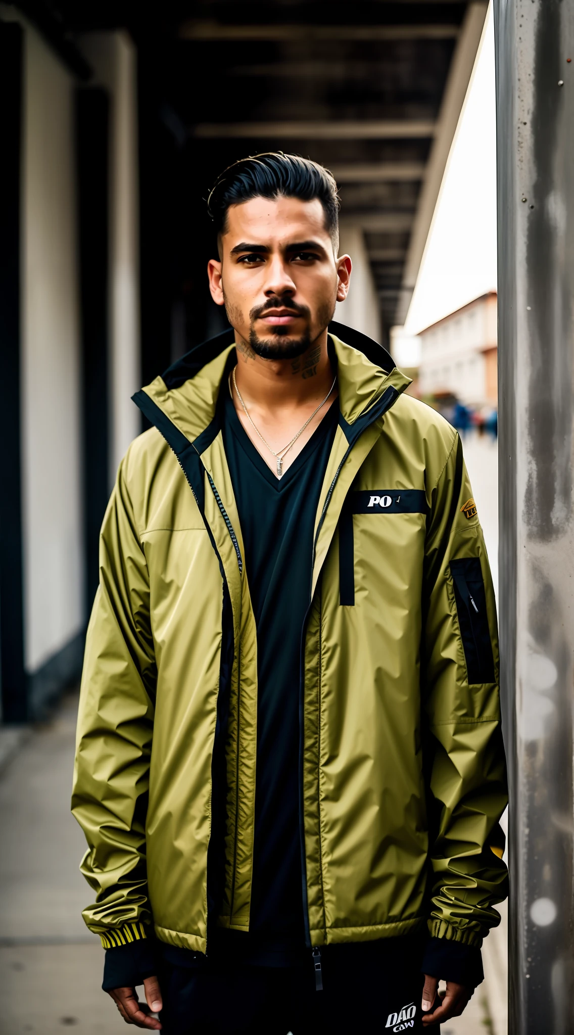 Man in jacket standing on a street at dawn, Retrato no meio da foto, Techwear Look e Roupas, estilo hiper realista, vestindo roupas urbanas, roupas Techwear, fotografia da roupa, outlive streetwear collection, foto retrato, modelo masculino, Close Up foto retrato, Tiro na Canon EOS R 5, Tiro na Canon EOS R5, Retrato tirado 8 K, .RAW, Directed by: Lee Jeffries.