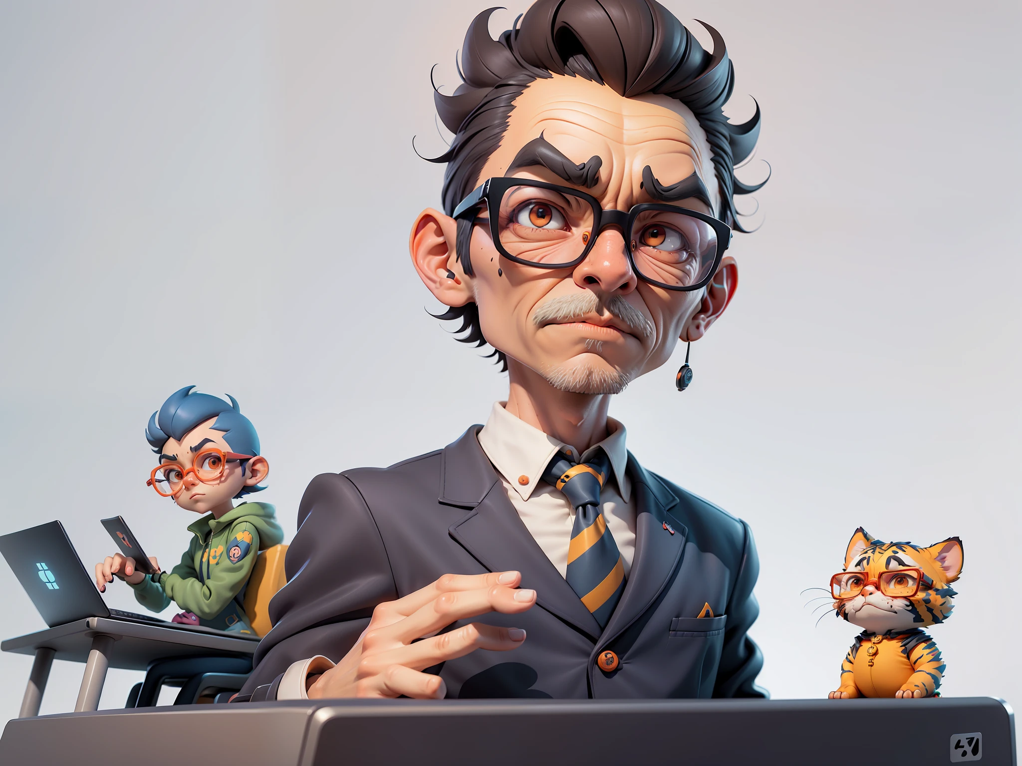 A very detailed facial features and cartoon style visuals of youth in suit, Short hair and glasses sat at his desk,holding laptop,digitial painting,tigre,3D character design by Mark Clairen and Pixar and Hayao Miyazaki and Akira Toriyama,Scene with 4K HD illustration