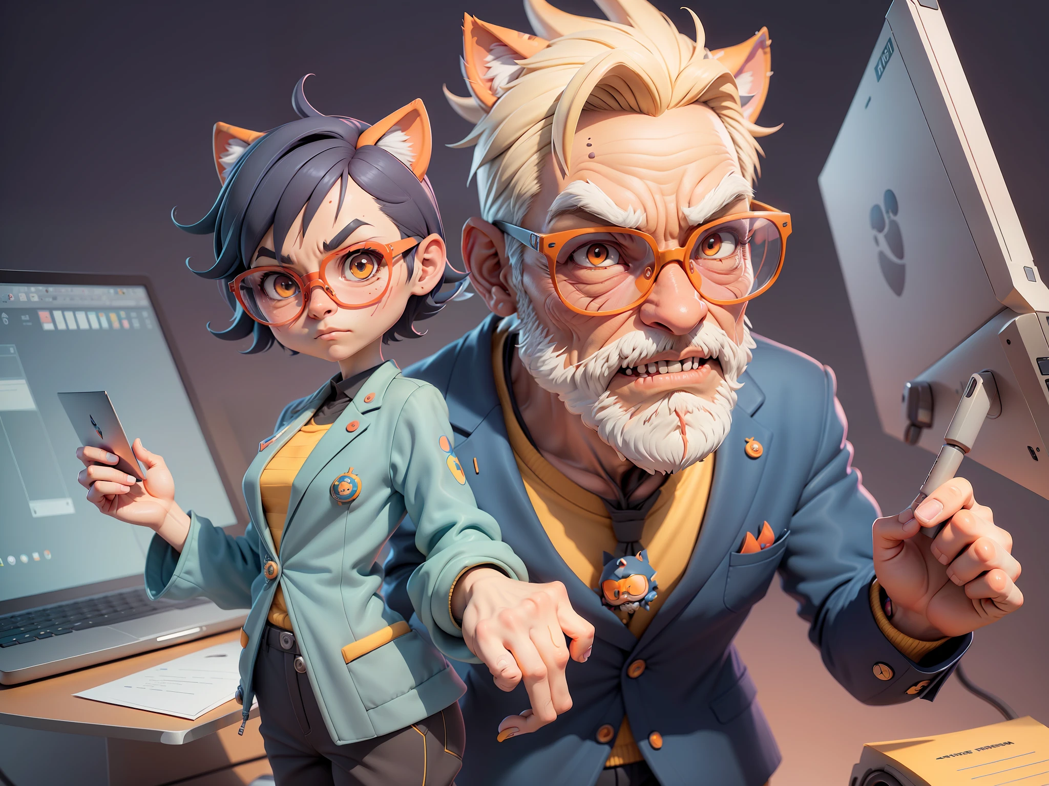 A very detailed facial features and cartoon style visuals of youth in suit, Short hair and glasses sat at his desk，holding laptop，digitial painting，tigre，3D character design by Mark Clairen and Pixar and Hayao Miyazaki and Akira Toriyama，Scene with 4K HD illustration