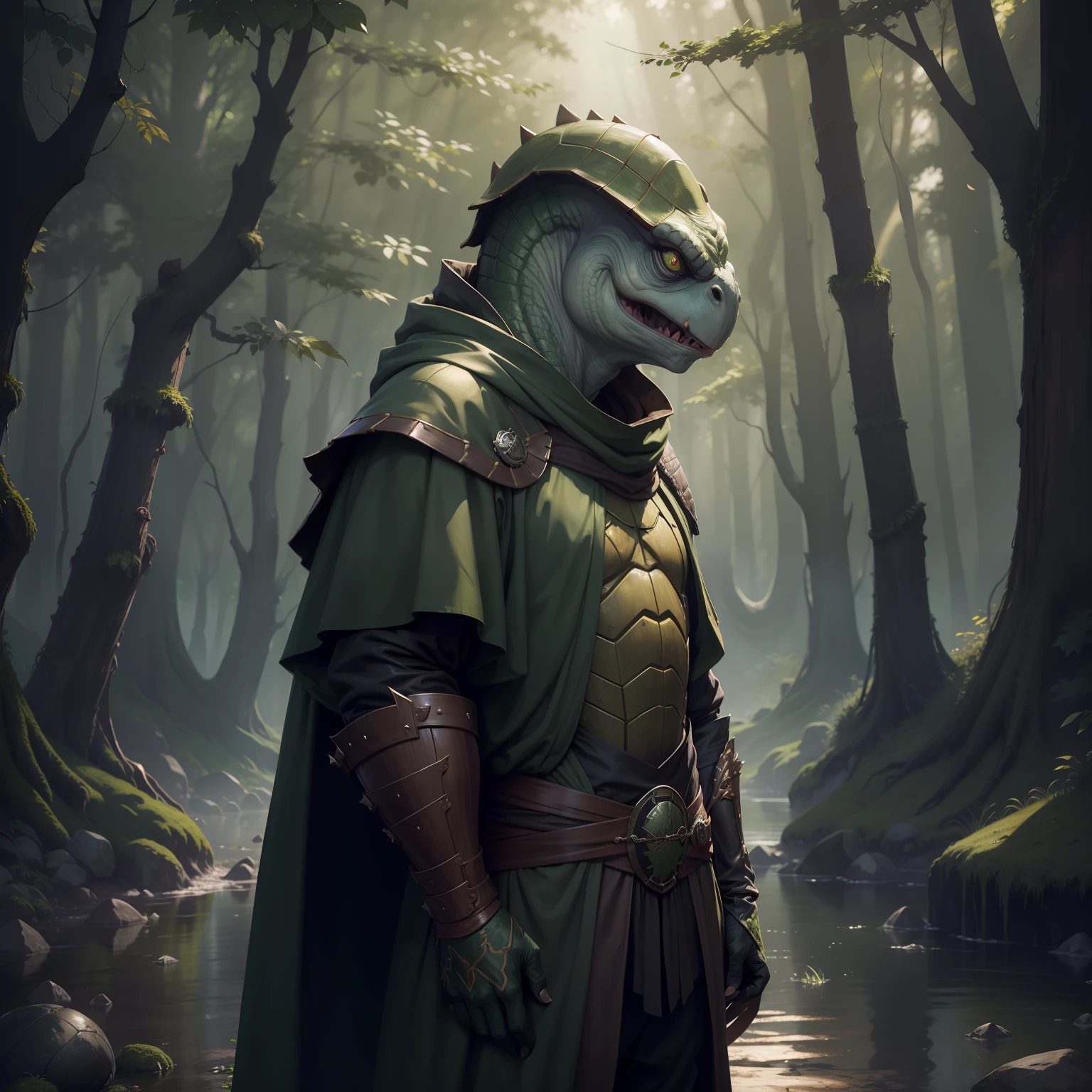 realistic, 8k, masterpiece, best quality, absurdres, 1male, solo, turtlefolk, turtle like humanoid, reptile, tmnt, brown blood wizard robes, moss green and dark gold shell, light green eyes, standing, sad, dark fantasy background, forest and river, alone, depressed sense