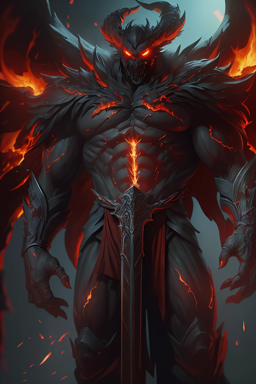 (8k, RAW photo, best quality, masterpiece:1.2), (realistic, photo-realistic:1.37), octane render, ultra high res, ultra-detailed ,professional lighting, photon mapping, radiosity, physically-based rendering, ue5, ((earth giant monster)), ((red glowing ember on giant's body)), ((red eyes)), ((holding flaming sword)), ((burning castle)), ((flaming wings))