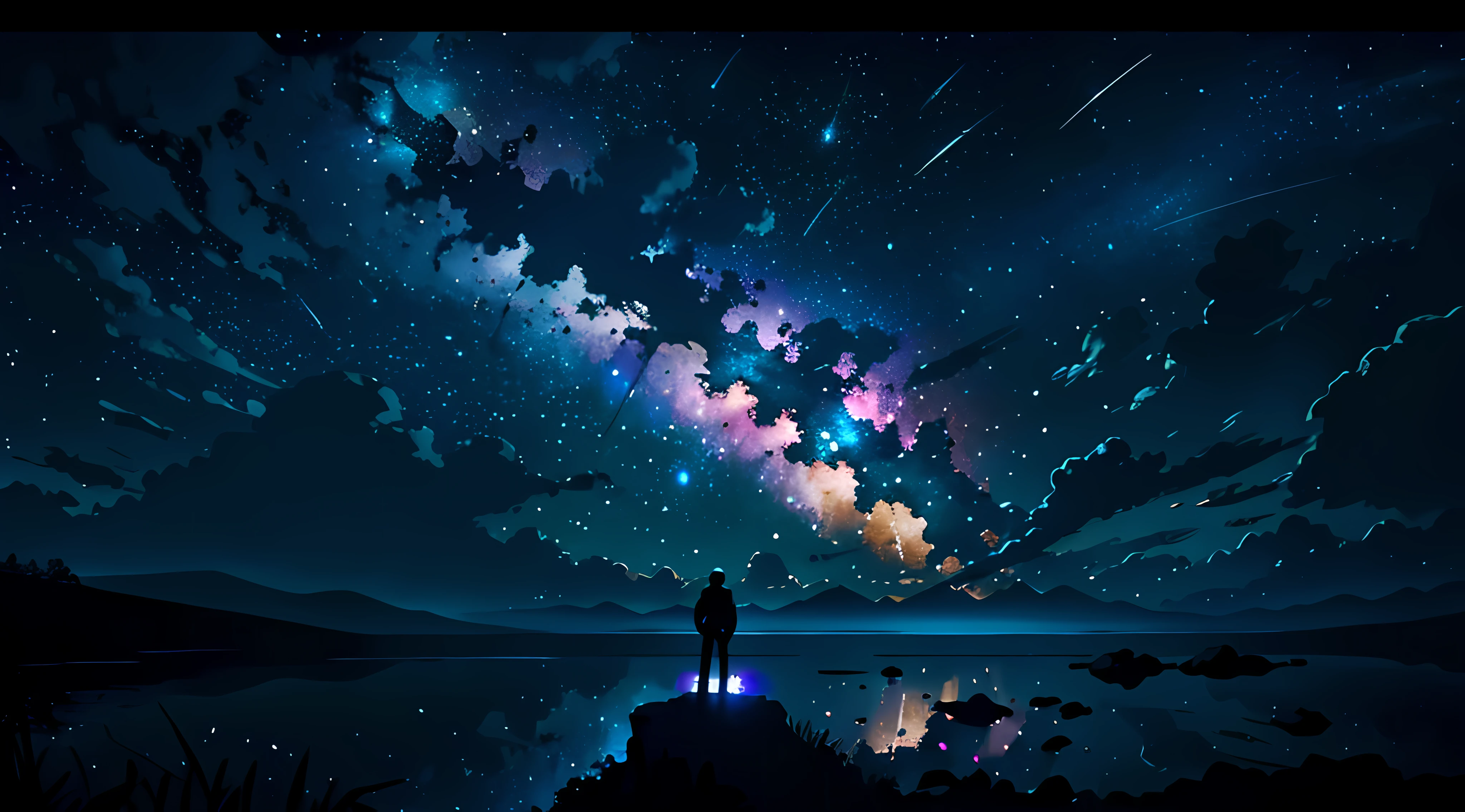 Expansive landscape photograph, (view from below with a view of the sky and earths horizon below), 1man (solo) floating in the air looking up, (full moon: 1.2), (shooting star: 0.9), (nebula: 1.3), distant stars, break production art, (warm light source: 1.2), (firefly: 1.2), lamp, purple and orange, intricate detail, volume lighting BREAK (masterpiece: 1.2), (highest quality ), 4k, ultra-detailed, (dynamic configuration: 1.4), highly detailed and colorful details (iridescent: 1.2), (sparkling lighting, atmospheric lighting), dreamy, magical, (solo: 1.2)