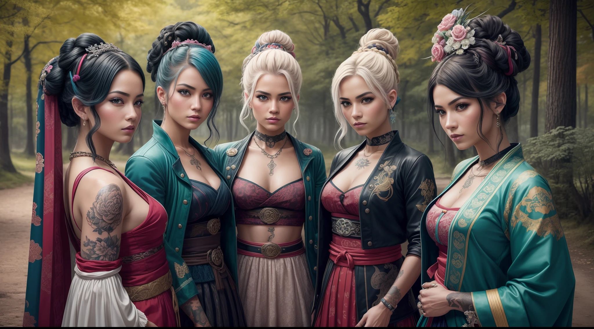 Punk-rococo-tattoo-ukiyo-e style. A selfie of very pretty young women with Nordic looks. Llevan un estilo urbano, con collares, cadenas, Anillos gruesos, Peinados coloridos y ropa militar modificada con parches coloridos. They are in a park right next to a paved area. Realismo extremo, detalles locos, intricate composition, cinematic quality, perfect photography, Colores sublimes.