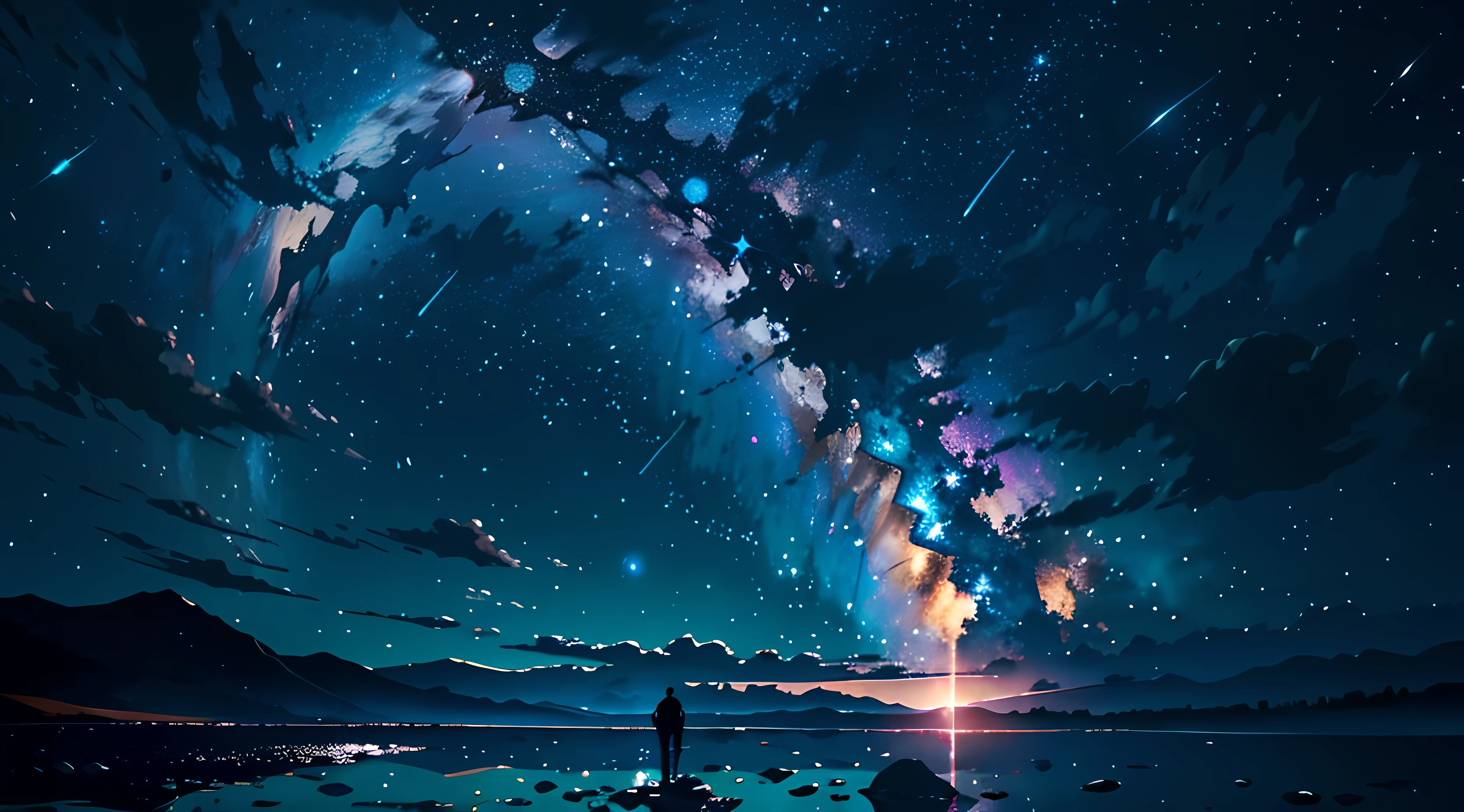 Expansive landscape photograph, (view from below with a view of the sky and earths horizon below), 1man (solo) floating in the air looking up, (full moon: 1.2), (shooting star: 0.9), (nebula: 1.3), distant stars, break production art, (warm light source: 1.2), (firefly: 1.2), lamp, purple and orange, intricate detail, volume lighting BREAK (masterpiece: 1.2), (highest quality ), 4k, ultra-detailed, (dynamic configuration: 1.4), highly detailed and colorful details (iridescent: 1.2), (sparkling lighting, atmospheric lighting), dreamy, magical, (solo: 1.2)