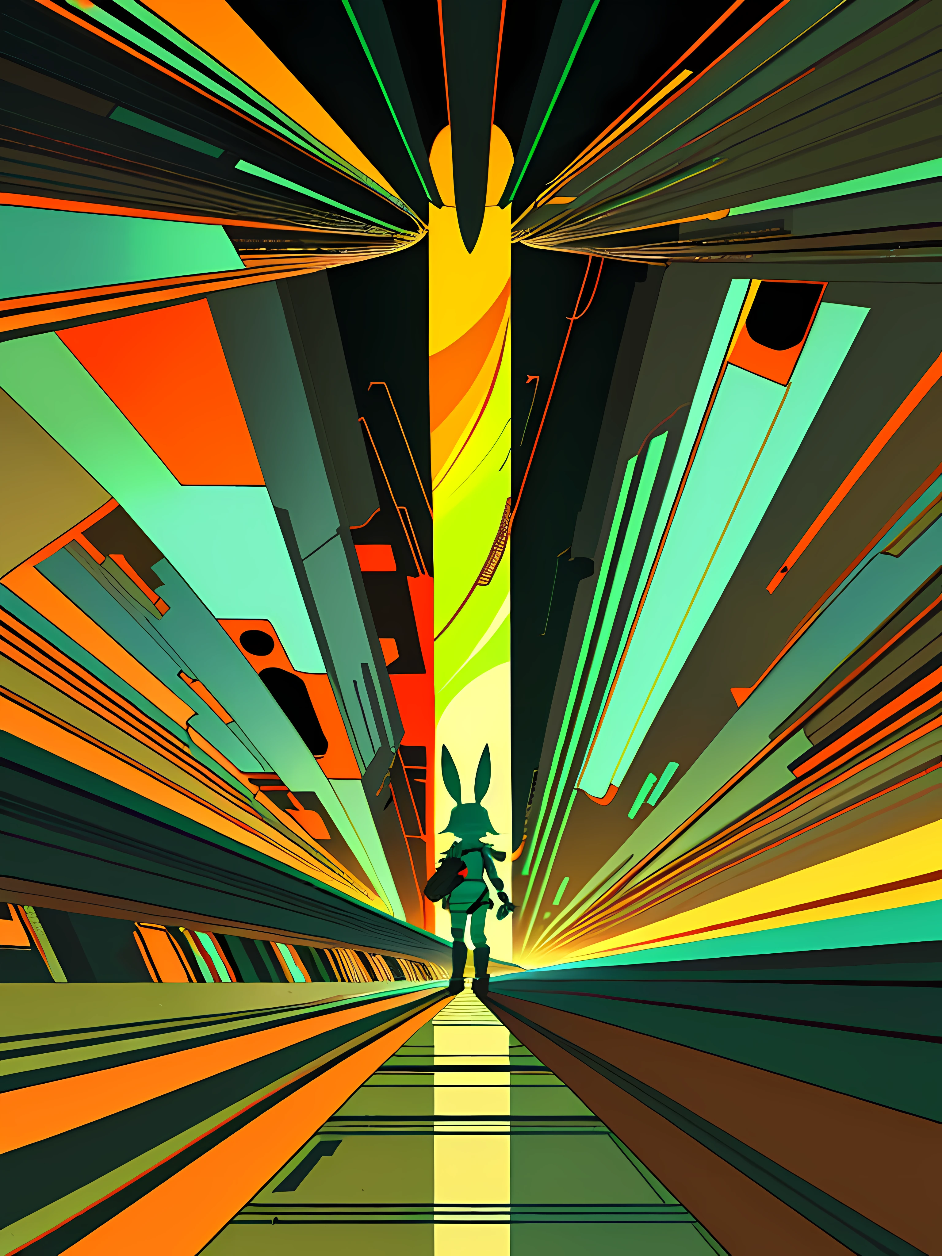(blame! style abandoned tech landscape), (Zen, Amy Sol style), (a tunnel that you follow to a tunnel of its own, down a hollow to a cavern where the sun has never shone), ((underground, dark, foggy, perilous, abandoned dystopian apartment bedroom, deep windows)), ((abstract athletic symmetrical anthro rabbit figure wearing bunny ears)), cover art with light abstraction, abstract, simple vector art, contemporary Cybernetic art, color gradients, soft color palettes, layered forms, whimsical animation, style Ethereal abstract, 4K, --v6