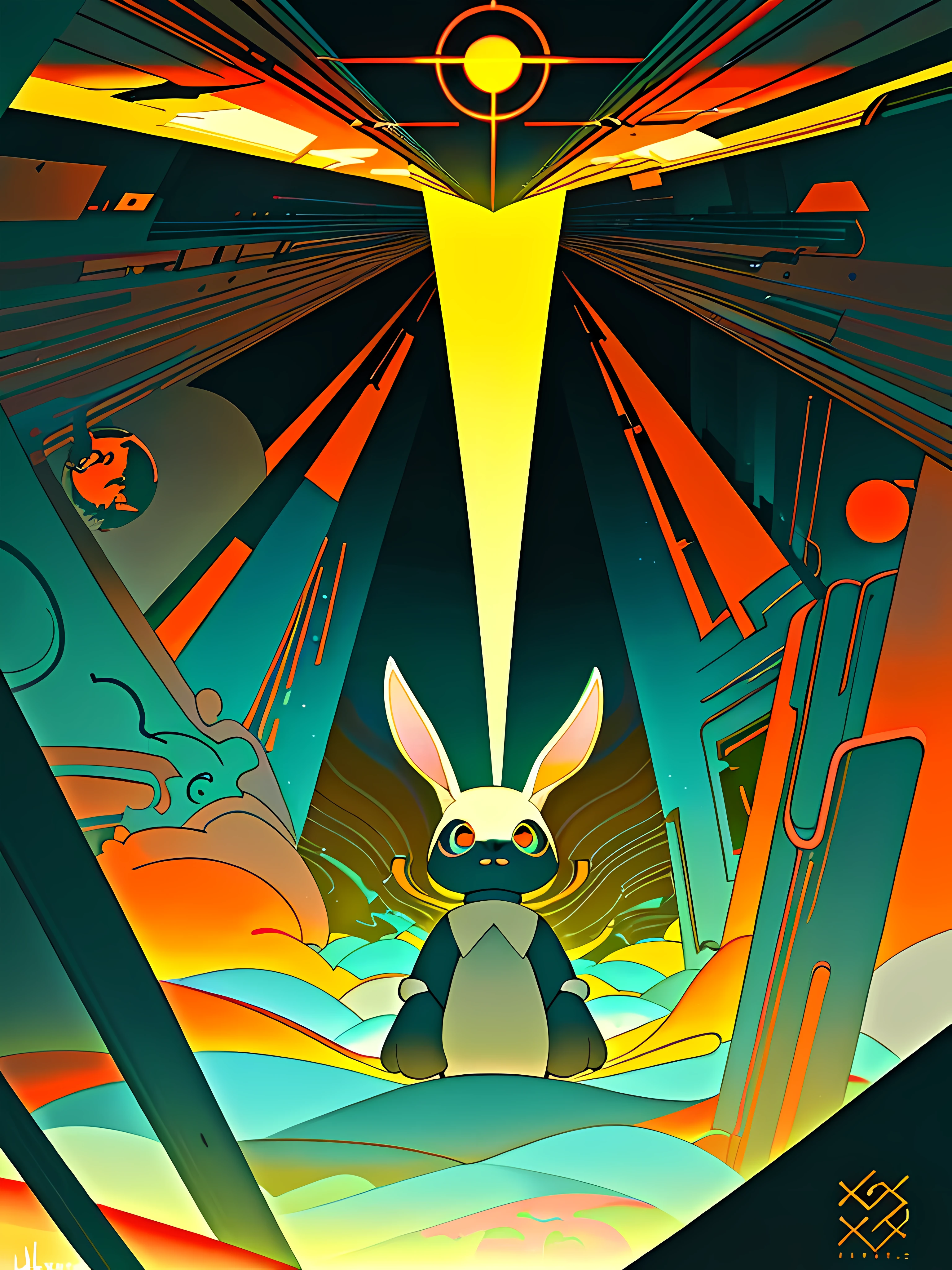 (blame! style abandoned tech landscape), (Zen, Amy Sol style), (a tunnel that you follow to a tunnel of its own, down a hollow to a cavern where the sun has never shone), ((underground, dark, foggy, perilous, abandoned dystopian apartment bedroom, deep windows)), ((abstract athletic symmetrical anthro rabbit figure wearing bunny ears)), cover art with light abstraction, abstract, simple vector art, contemporary Cybernetic art, color gradients, soft color palettes, layered forms, whimsical animation, style Ethereal abstract, 4K, --v6