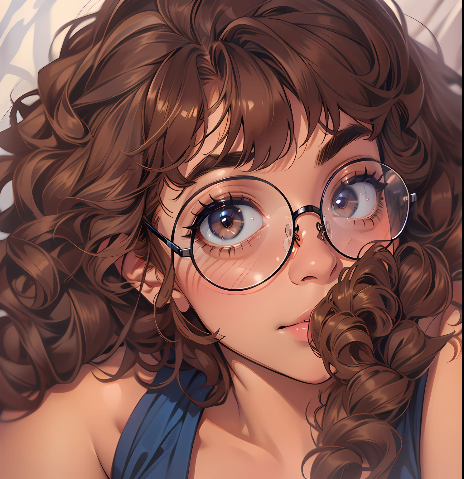 Beautiful woman, soft features,  brown honey eyes, doe eyes, soft look, big breasts, fair skin, curvy, navy blue thigh highs, thick thighs, thick frame glasses, curly brown hair, innocent look, blue pajama pants, short hair, short pants, bushy brows