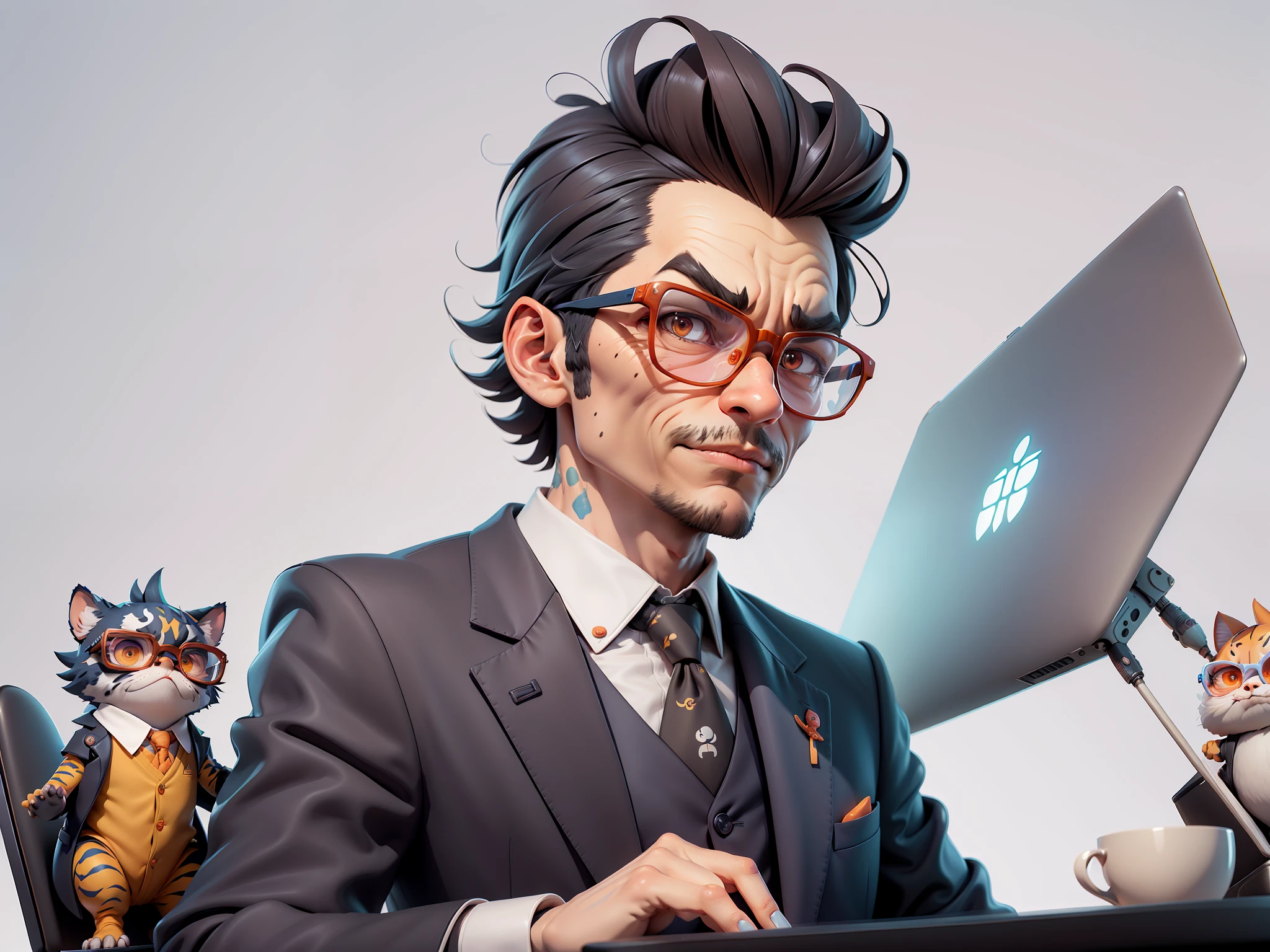 A young man in a suit, Short hair and glasses sat at his desk,holding laptop,digitial painting,tigre,3D character design by Mark Clairen and Pixar and Hayao Miyazaki and Akira Toriyama,4K HD illustration,Very detailed facial features and cartoon-style visuals。