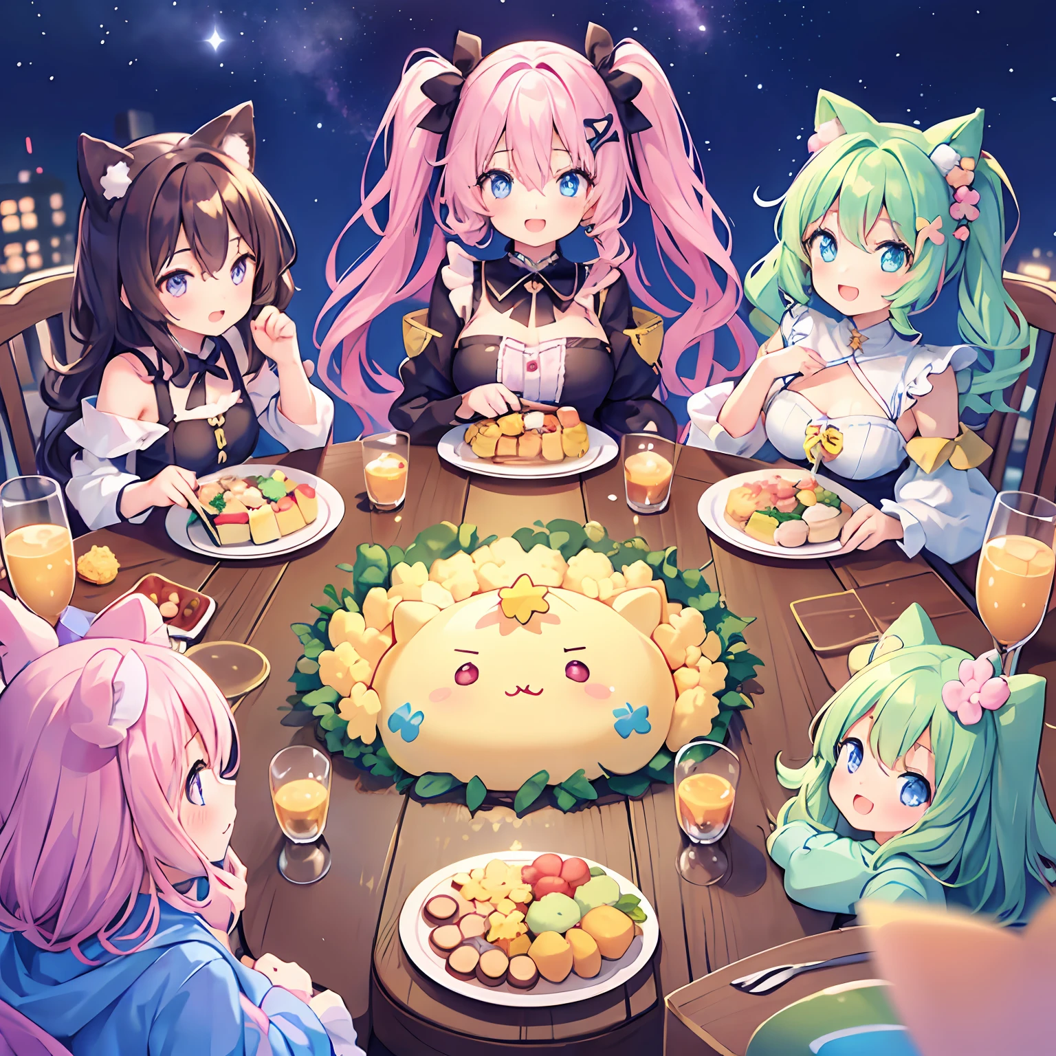 masterpiece, (2girls and 2girls and 2girls and 2girls at the table), idol, big eyes, kawaiitech, kawaii, cute, pastel colors, best quality, happy, deep background, symmetrical, tilted head, summer, night