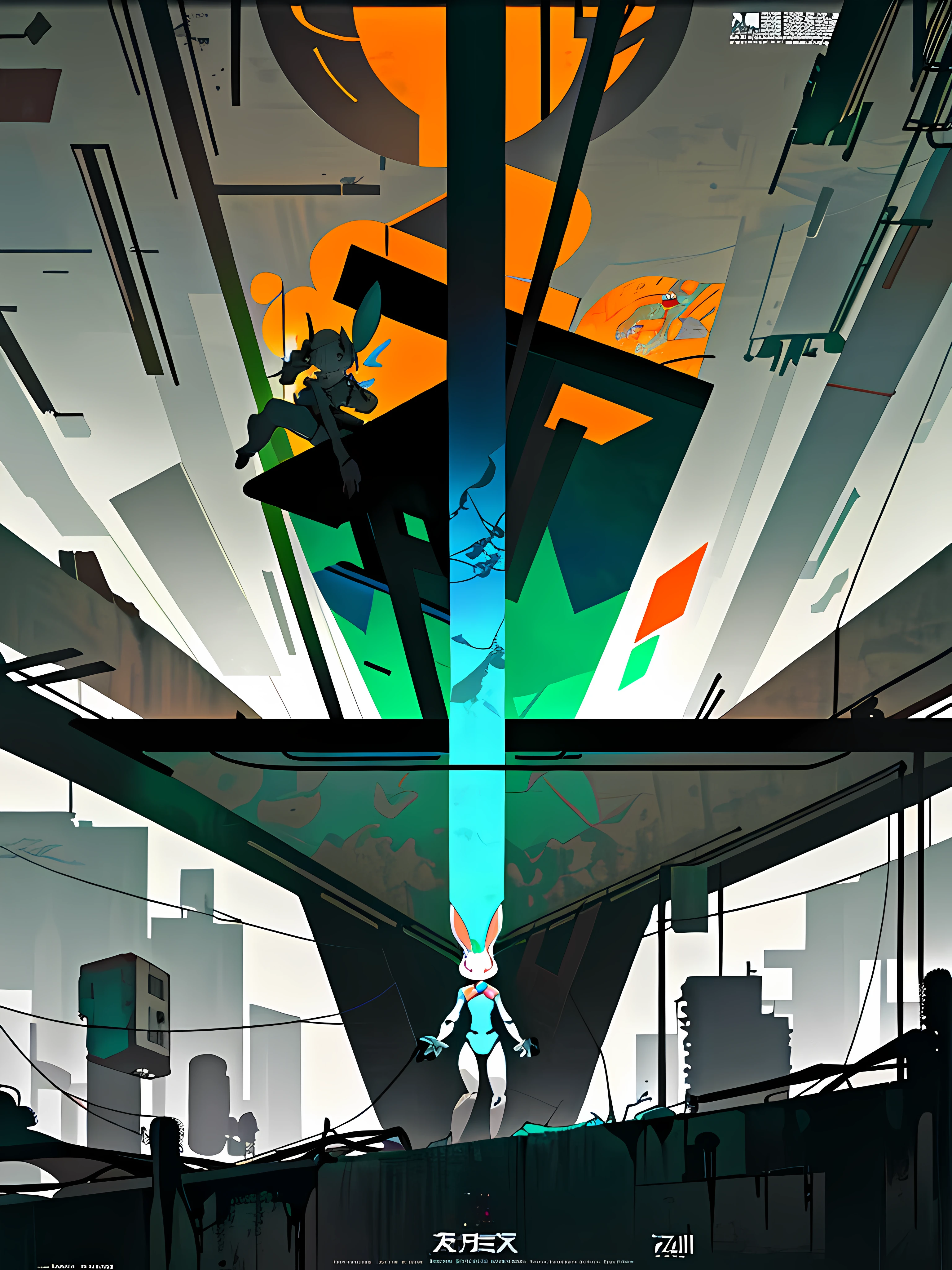 (blame! style abandoned tech landscape), (Zen, Amy Sol style), ((underground, dark, foggy, perilous, abandoned dystopian apartment bedroom, deep windows)), ((abstract athletic symmetrical anthro rabbit figure wearing bunny ears)), cover art with light abstraction, abstract, simple vector art, contemporary Cybernetic art, color gradients, soft color palettes, layered forms, whimsical animation, style Ethereal abstract, 4K, --v6