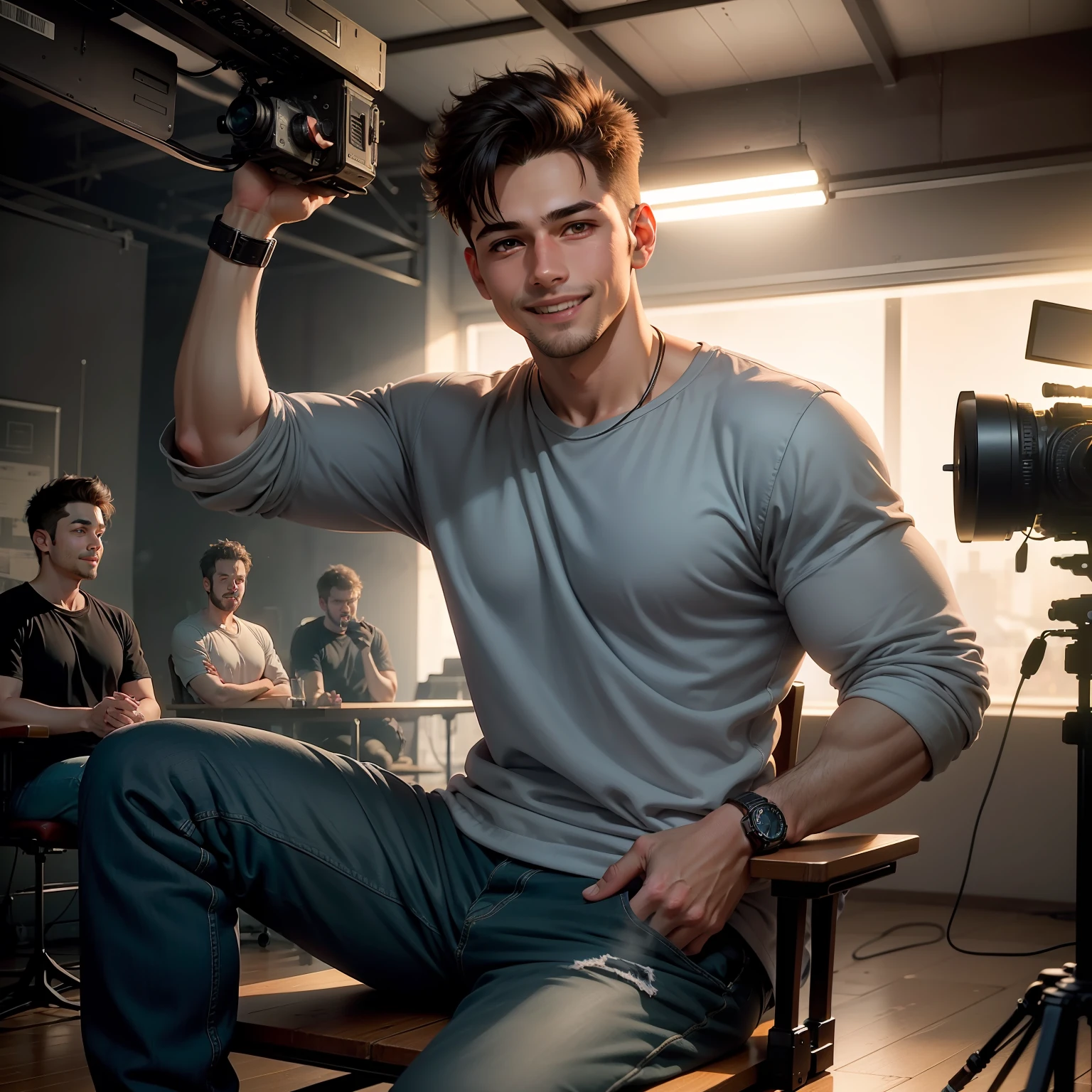 25 years boy in casual clothes, thin, smiling, sitting on director's chair, background of film set where crew members are working, cinematic, volumetric lighting, 8k, caricature, hyper realistic, (((wide shot))), crew, actors
