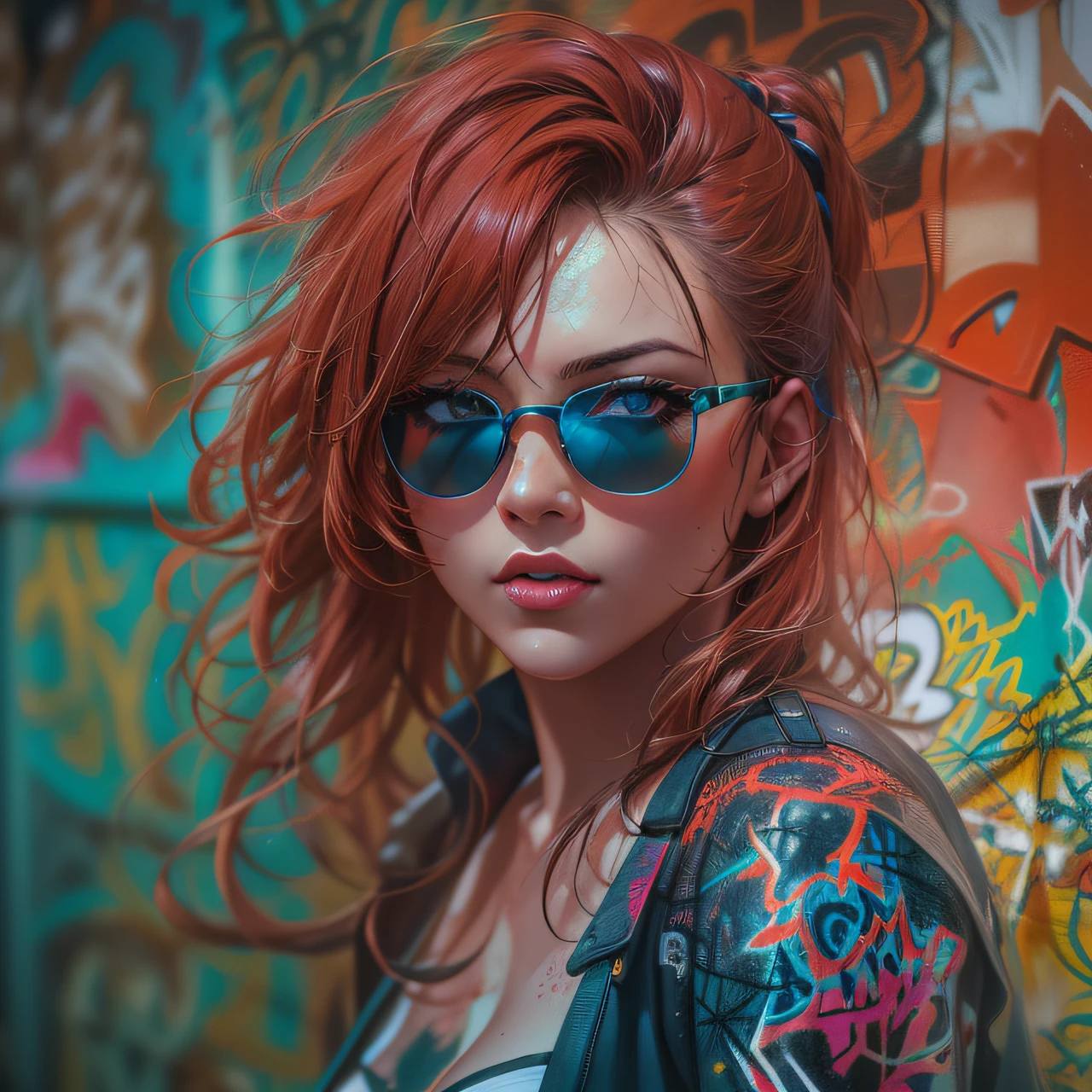 close up, full color painting of standing cyberpunk girl, sunglasses, high heel shoes,tight shorts, cameltoe, perfect hourglass figure, perfect huge tits, (((Graffiti art) (by Carne Griffiths))), red wall background, insane details, intricate details, hyperdetailed, low contrast, soft cinematic light, dim colors, exposure blend, hdr, front, (neon light:1.4), upper body, detailed skin, detailed eyes, realistic eyes, 20 megapixel, canon eos r3, detailed skin, detailed face, (TungstenDispo:1.2), raw photo, portrait of a business woman, (style by Flora Borsi), bold, bright colours, blue Mohawk haircut, ((Flora Borsi)), dslr, dramatic lighting, high quality, film grain, Fujifilm XT3, (strong backlight:1.1), analog style (liminal space), by Syd Mead, by Andr Kertsz, by Tadao Ando