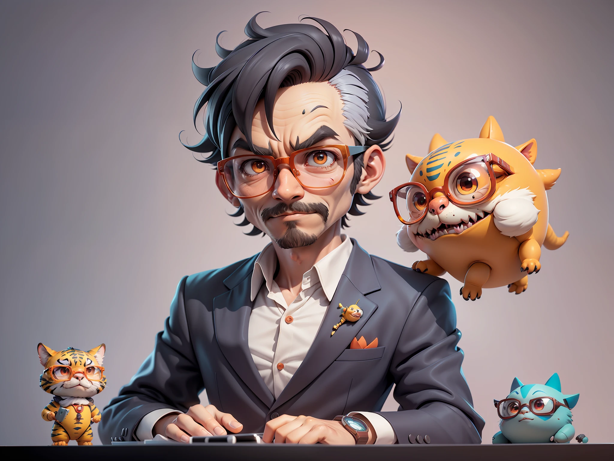 A young man in a suit, Short hair and glasses sat at his desk，holding laptop，digitial painting，tigre，3D character design by Mark Clairen and Pixar and Hayao Miyazaki and Akira Toriyama，4K HD illustration，Very detailed facial features and cartoon-style visuals。