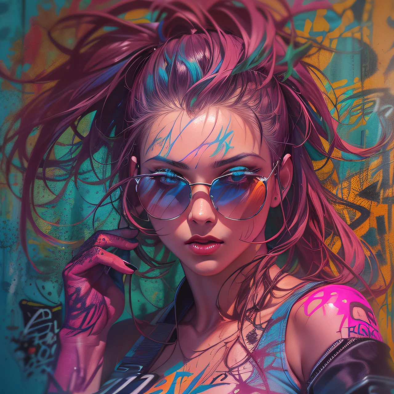 close up, full color painting of standing cyberpunk girl, sunglasses, high heel shoes, perfect hourglass figure, perfect huge tits, (((Graffiti art) (by Carne Griffiths))), red wall background, insane details, intricate details, hyperdetailed, low contrast, soft cinematic light, dim colors, exposure blend, hdr, front, (neon light:1.4), upper body, detailed skin, detailed eyes, realistic eyes, 20 megapixel, canon eos r3, detailed skin, detailed face, (TungstenDispo:1.2), raw photo, portrait of a business woman, (style by Flora Borsi), bold, bright colours, blue Mohawk haircut, ((Flora Borsi)), dslr, dramatic lighting, high quality, film grain, Fujifilm XT3, (strong backlight:1.1), analog style (liminal space), by Syd Mead, by Andr Kertsz, by Tadao Ando
