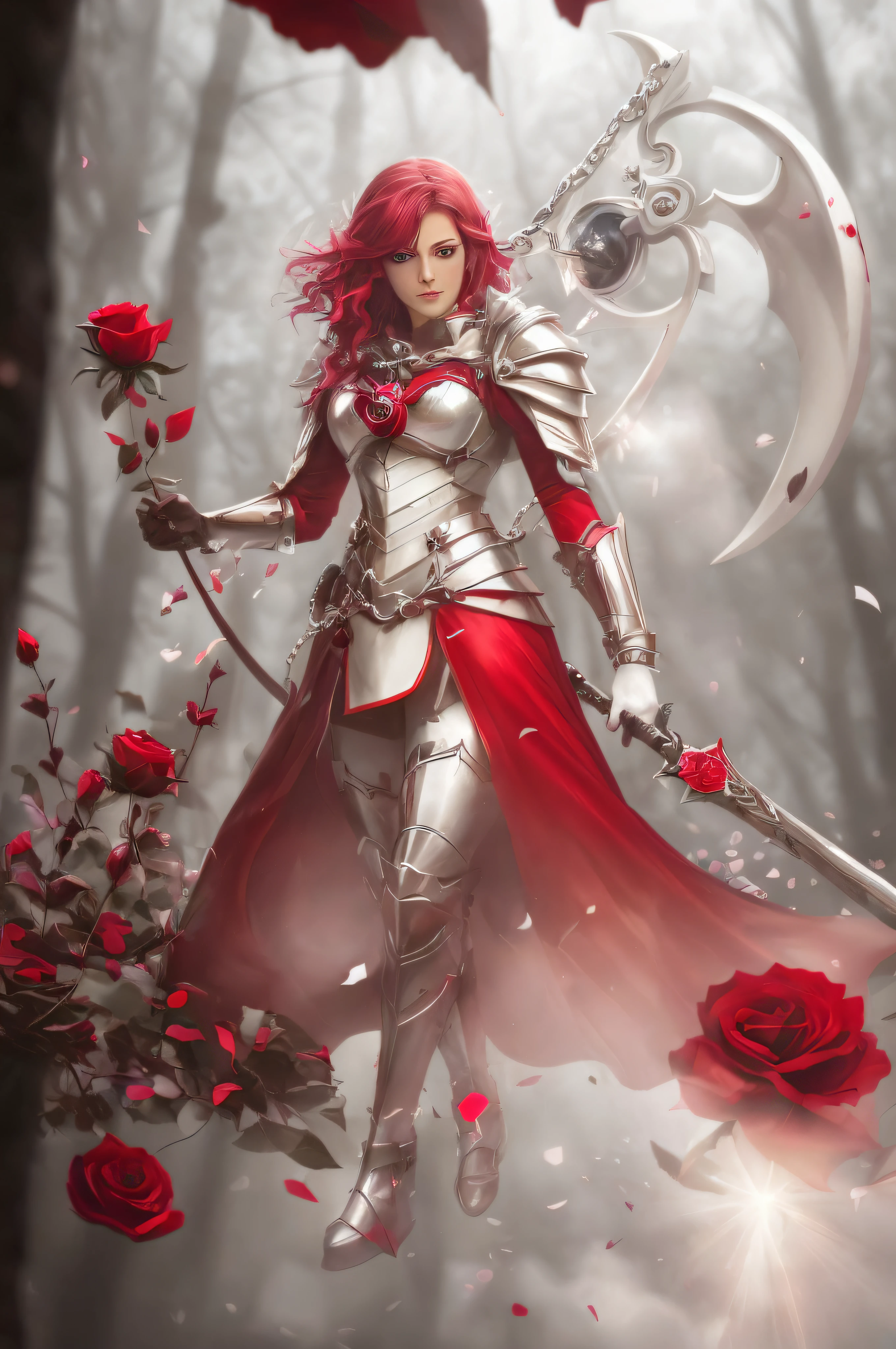 Mulher de armadura com capa, poderosa e muito bonita, segurando uma foice super detalhada ((anime)) ((segurando uma foice detalhada)) and attached to a chain full of blades, a chain attached to the base of the sickle, com um anel de pedra de roseta nela dedo, She's in an enchanted forest, observing the rose petals that reflect cosmic space in their colors, the rose is emitting light. (Secondary characteristics), Dominante, Melhor qualidade, Cabelos curtos ruivo fogo brilhantes, Alta qualidade, lifelike lighting, 8k, Textura natural da pele, Texturas 4k, Adobe Lightroom, Photolab, HDR, Intrincado, elegante, altamente detalhado, foco nítido, detalhes insanos, detalhes intrincados, hiperdetalhado, cinematiclight, atmosfera externa, rosto limpo, (((White and red latex armor (story: 1.5)))), ((olhos cinzento-prateados- ((sci -fi )), ((sci-fi)), ((cabelo curto))